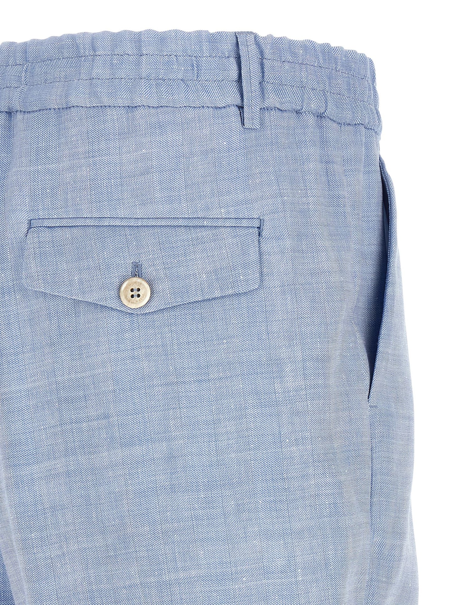 Bermuda Shorts by Brunello Cucinelli for men in linen & virgin wool light-blue & chevron presents a contemporary silhouette, showcasing a contemporary relaxed-fit with a refined short and elegant .
