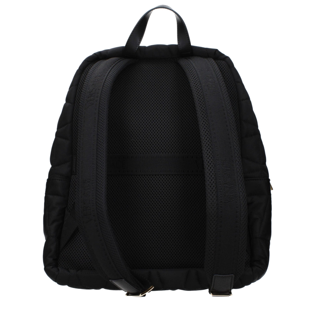 Backpack by Versace for men in fabric black showcases an architectural Fabric Backpack design, featuring a secure , ample , and architectural backpack-strap & adjustable-strap for a sophisticated look.