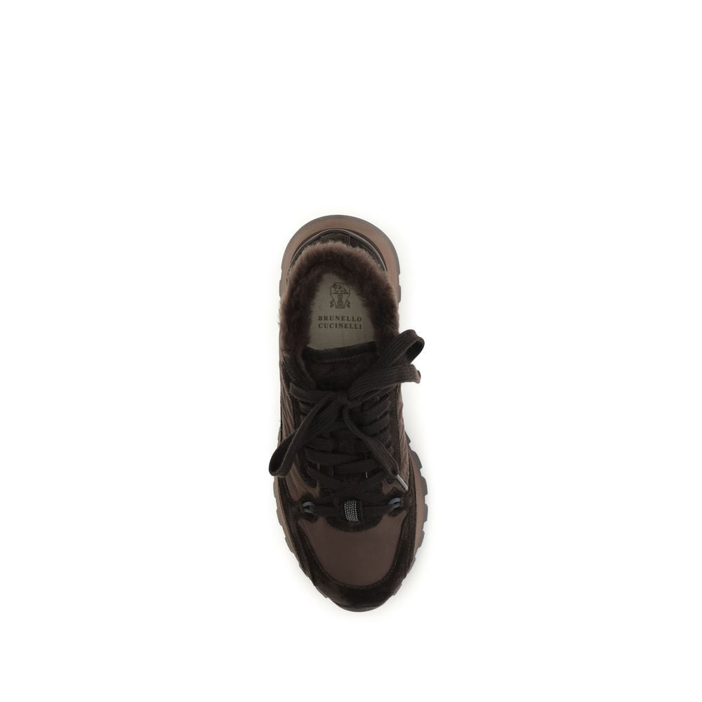 Brunello Cucinelli Monile Women's Athletic TU Cotton & Bos Taurus Suede Calf Leather Sneakers - Black Signature