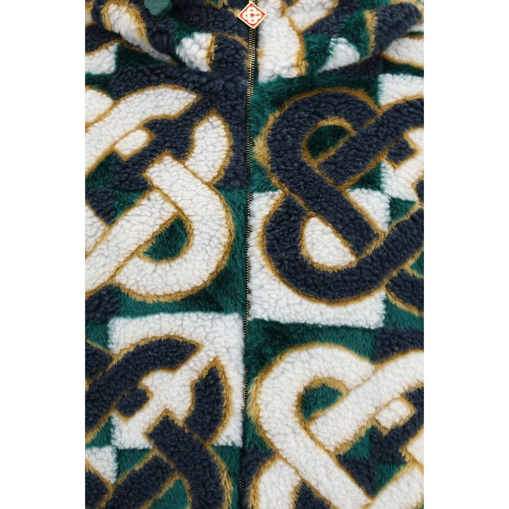Casablanca The Monogram Men's Windproof Fleeced Mohair Polyester Acrylic Merino Wool Hooded Windbreaker Jacket - Gold Multicolor Monogram Print