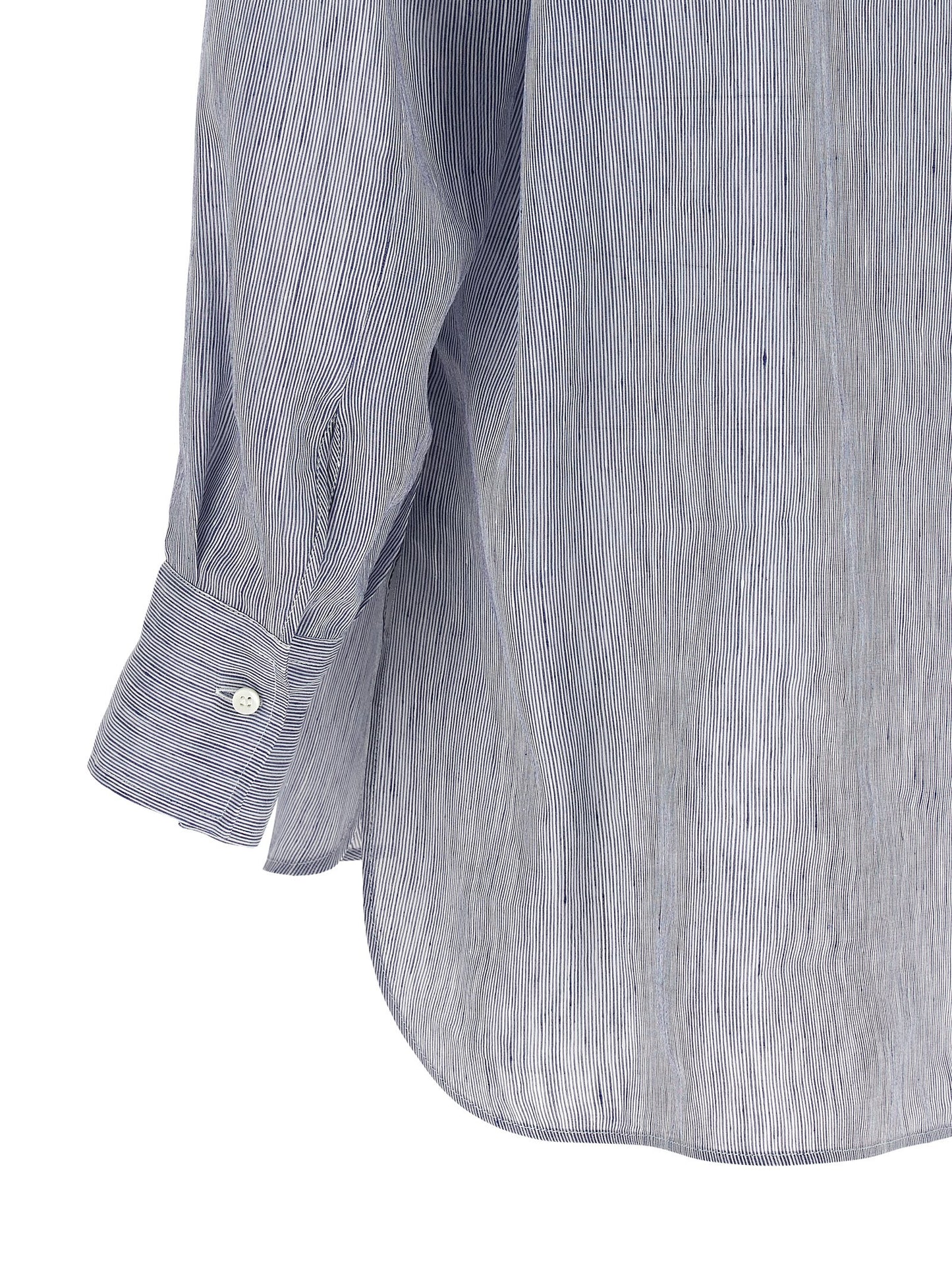 Hooded Blouse by Brunello Cucinelli for women in linen & silk light-blue & striped, featuring a nuanced and nuanced for a sophisticated finish.