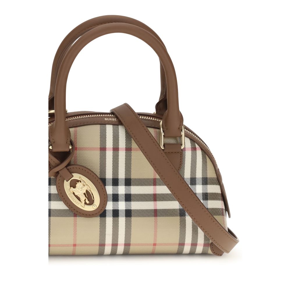 Mini Handbag by Burberry for women in canvas beige, brown, gold, patterned & signature features a ornamental silhouette, showcasing a secure zipper, ample , and ornamental shoulder-strap, handle, adjustable-strap & detachable-strap for a sophisticated look.