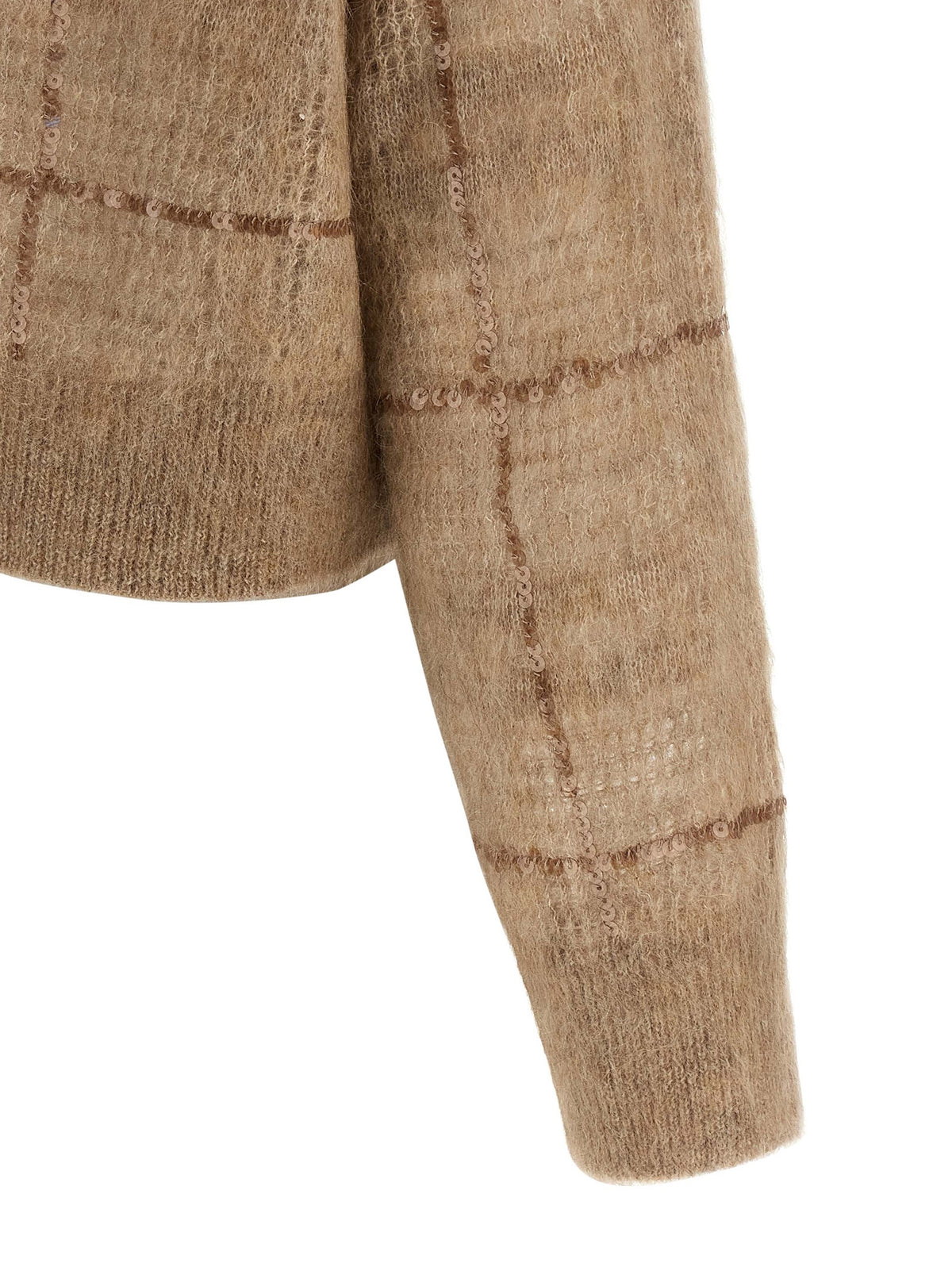 Brunello Cucinelli Women's Crop Top Relaxed Fit Crew Neck Mohair Wool & Sequins Cardigan - Beige Patterned