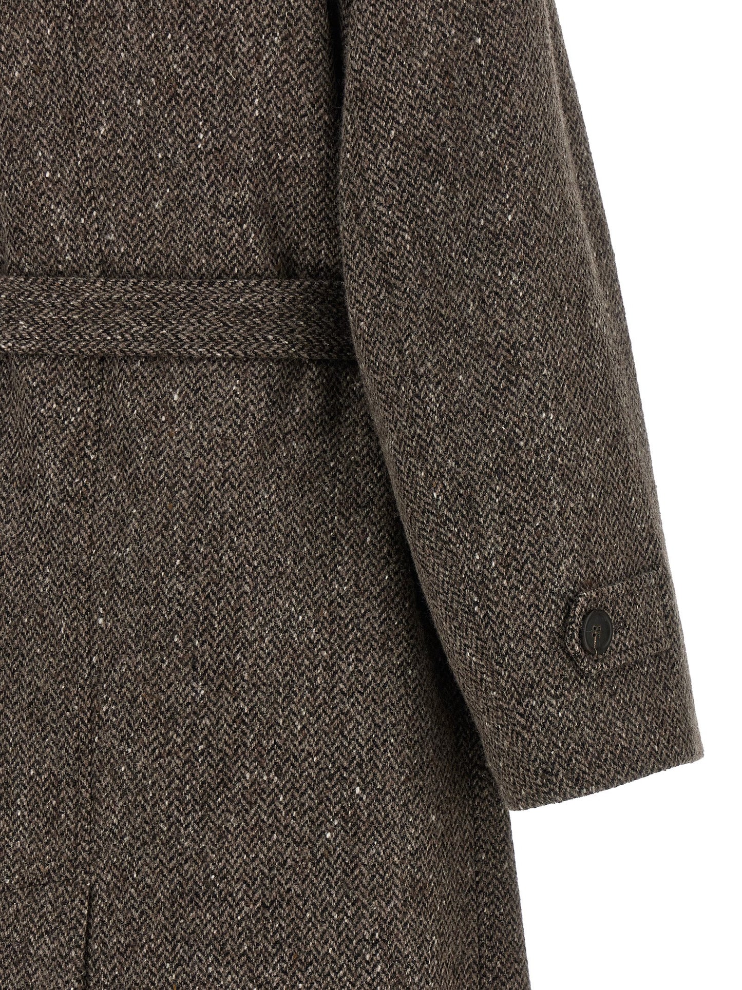 Brunello Cucinelli Monile Women's High Collar Silk Crepe & Virgin Wool Overcoat - Brown Patterned Chevron