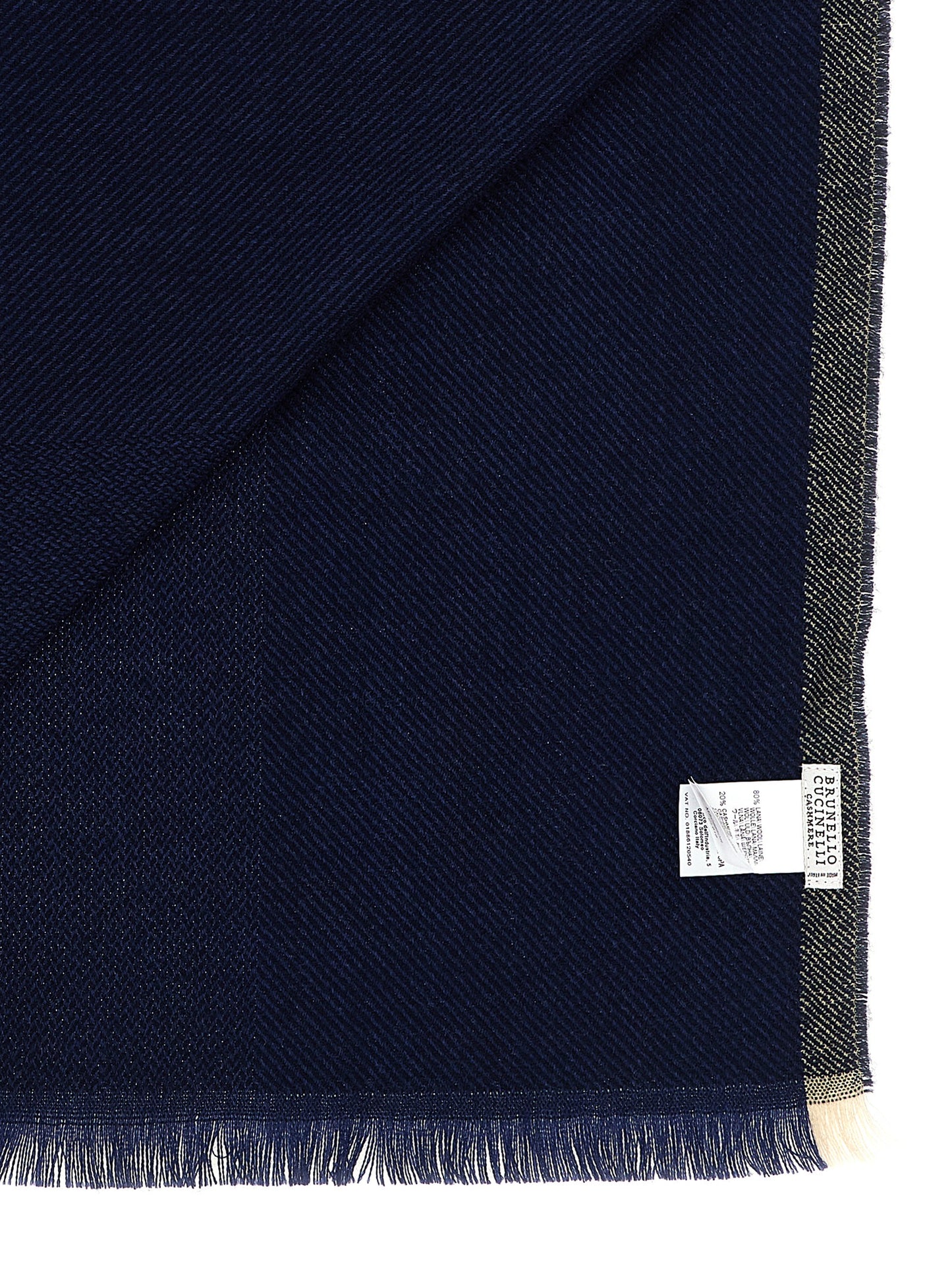 Scarf by Brunello Cucinelli for men in cashmere navy presents a cosy silhouette, artfully capturing the sophisticated design and premium aesthetic of the Cashmere Frayed-Edge Scarf.