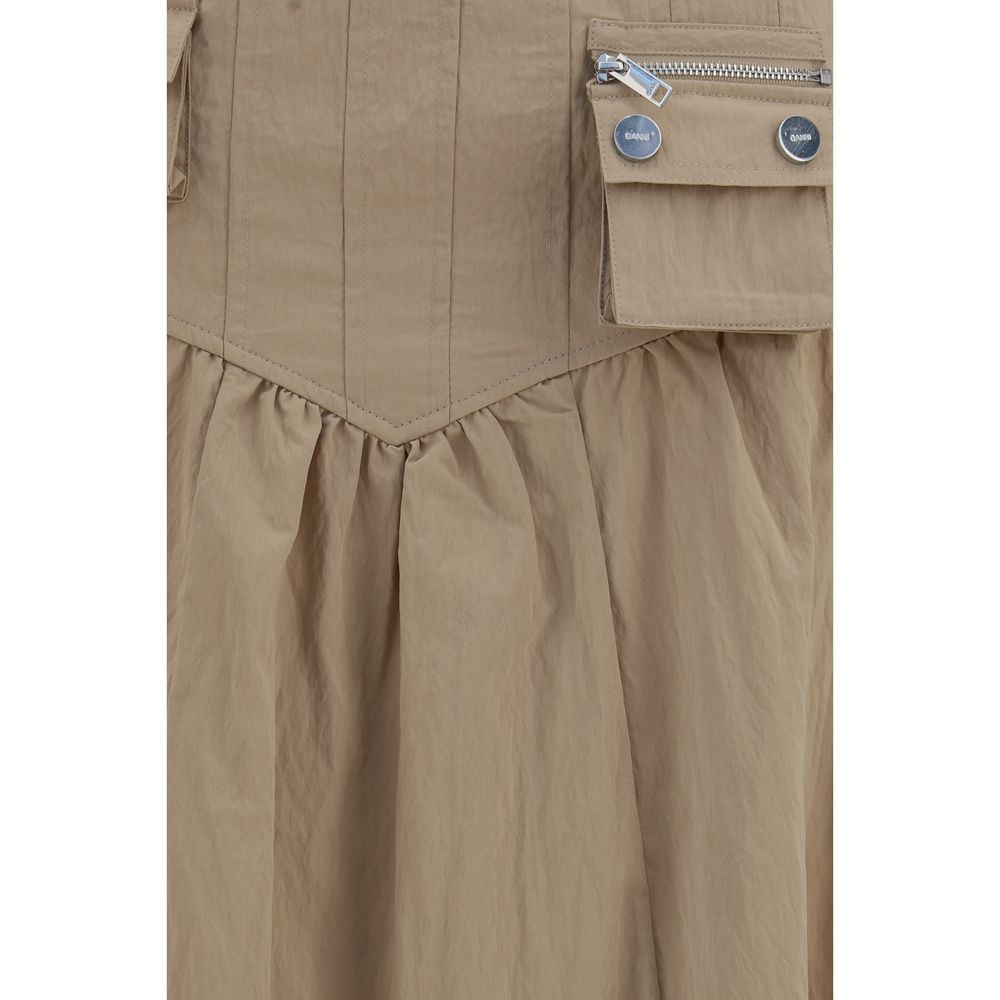 Skirt by Ganni for women in polyamide cotton beige showcases a dramatic silhouette, artfully capturing the essence of the Women's Gathered Polyamide Cotton Midi Skirt in a dramatic midi cut for a refined look.