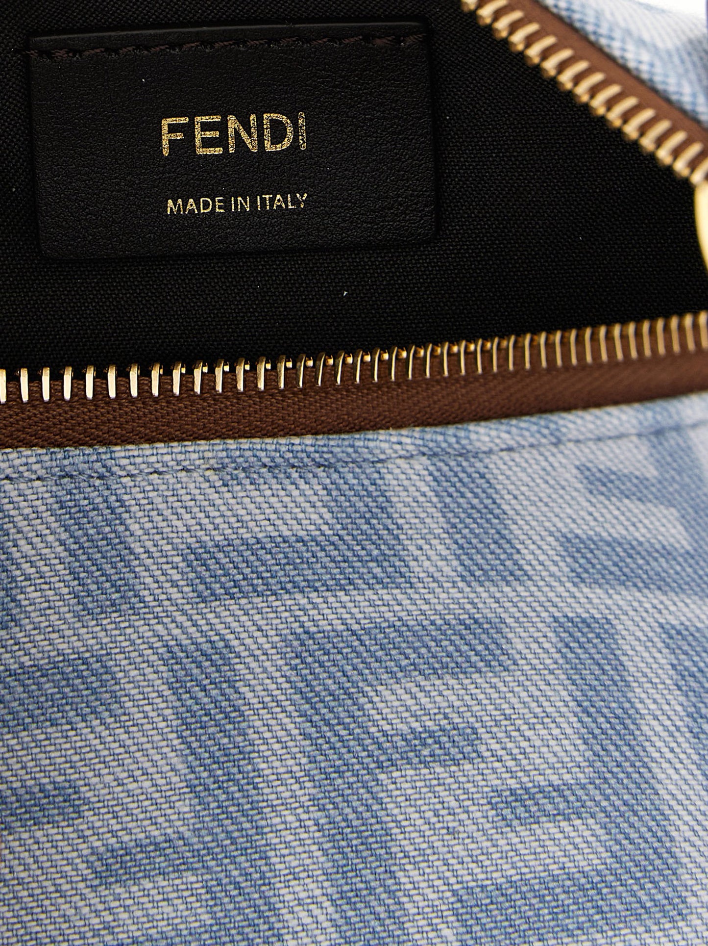 Fendi Fendigraphy Calf Leather & Cotton Mini Hobo Handbag - Brown Gold Light Blue Patterned Monogram
