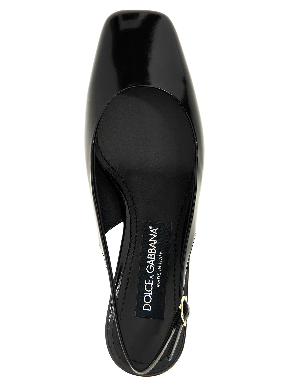 Mid-Heel Slingback Pumps Heels by Dolce & Gabbana for women in calfskin leather & carbon black & gold features an captivating silhouette, showcasing the elegant Jackie Women's Calfskin Leather & Carbon Mid-Heel Slingback Pumps Heels design with a mid-heel and a sophisticated square toe style.
