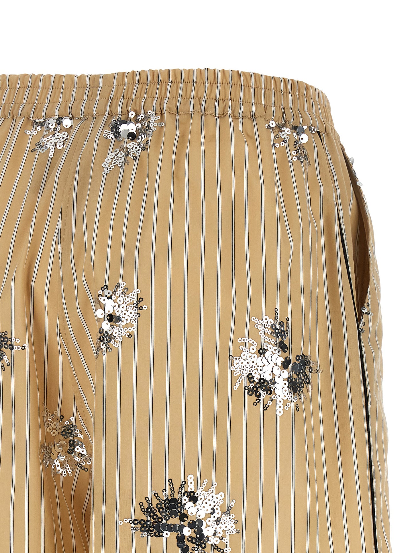 LE TWINS Twins Women's Cotton Sequins Bermuda Shorts - Beige Black White Patterned Striped