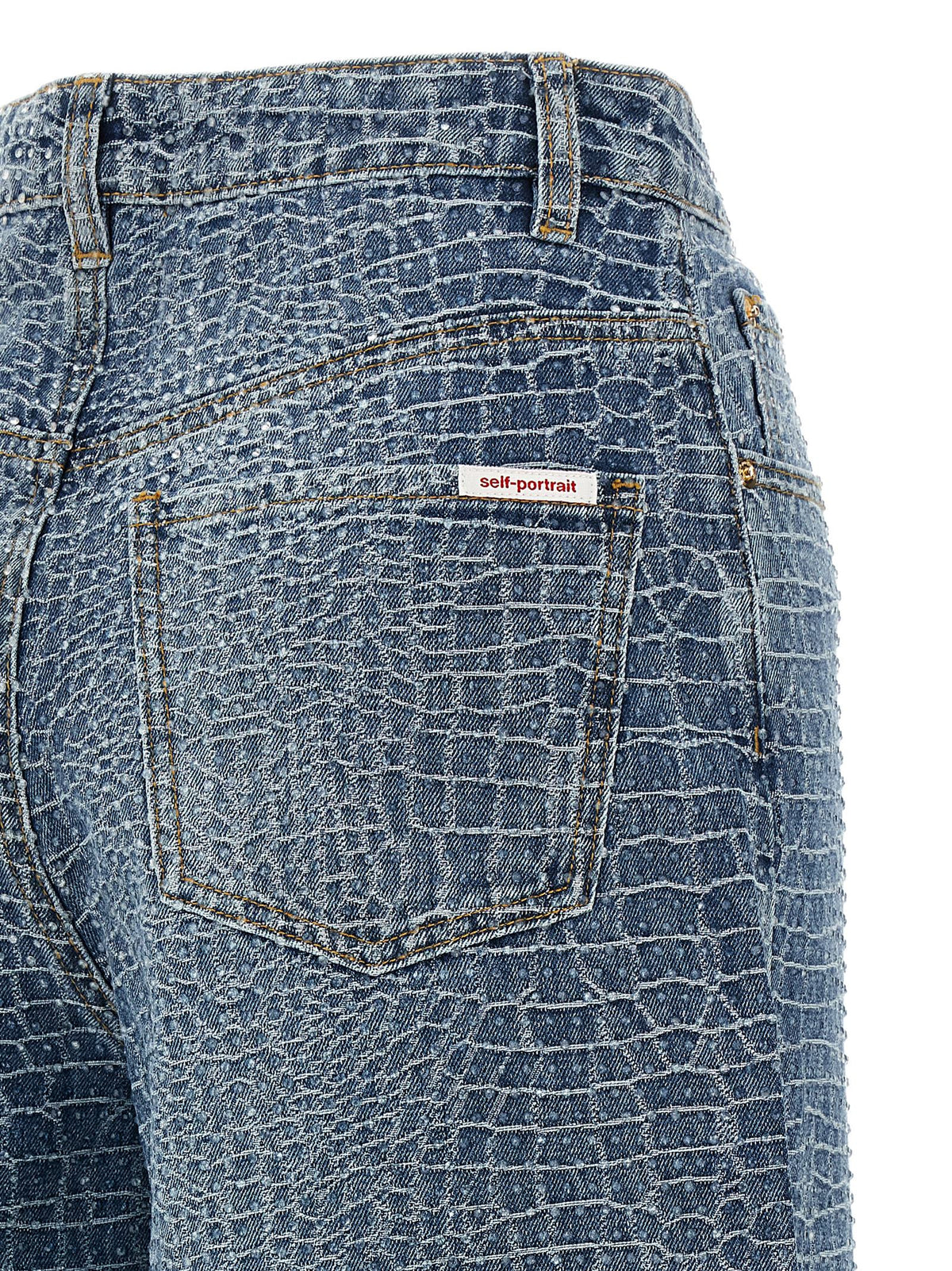 Self-Portrait Women's Straight Leg Wide Denim Cotton & Crocodile Skin Leather Jeans - Blue Transparent Print