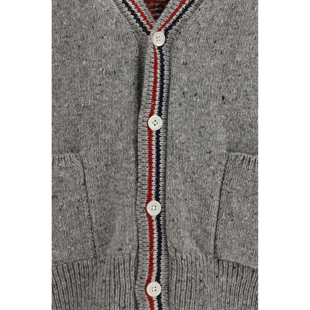 Thom Browne Men's Regular Fit V Neck Merino Wool & Mohair Cardigan - Gray Signature Patchwork Striped
