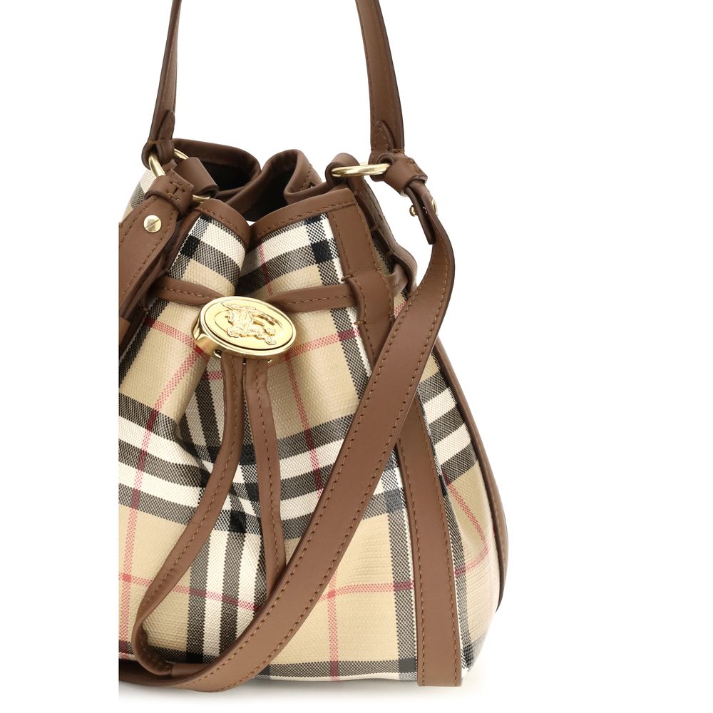 Burberry Bos Taurus Calf Leather & Cotton Canvas Medium Crossbody Bucket Handbag - Beige Patterned