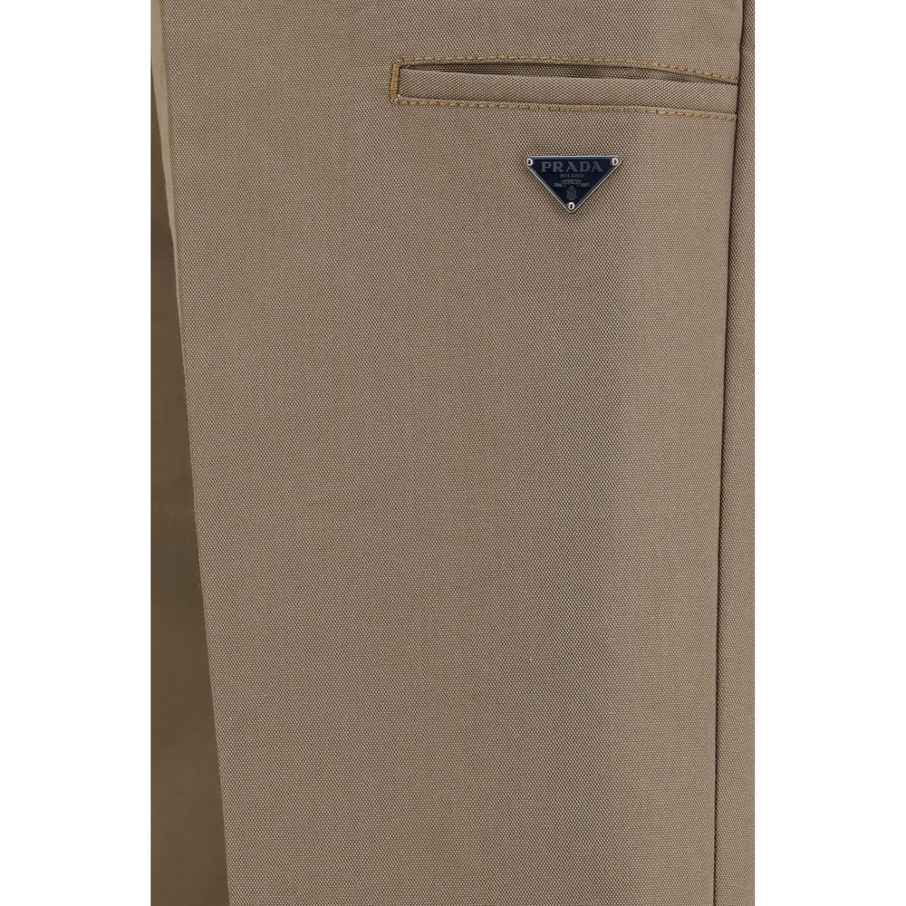 Prada Men's Regular Fit Wide Oversized Polyamide Cotton Canvas Casual Pants - Brown Signature