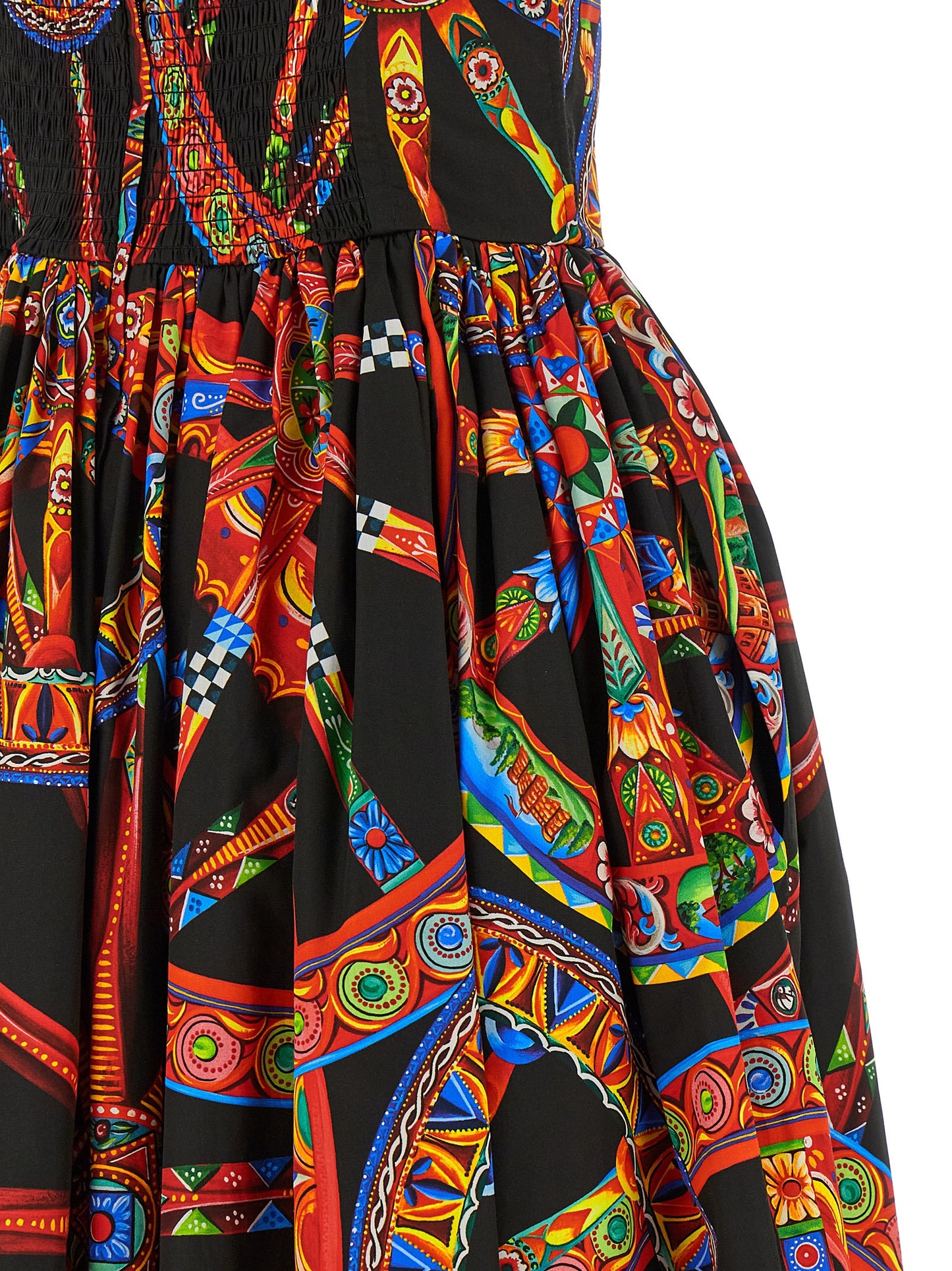 Dolce & Gabbana Women's Flared Smock Sweetheart Neck Cotton Long Dress - Black Multicolor Print