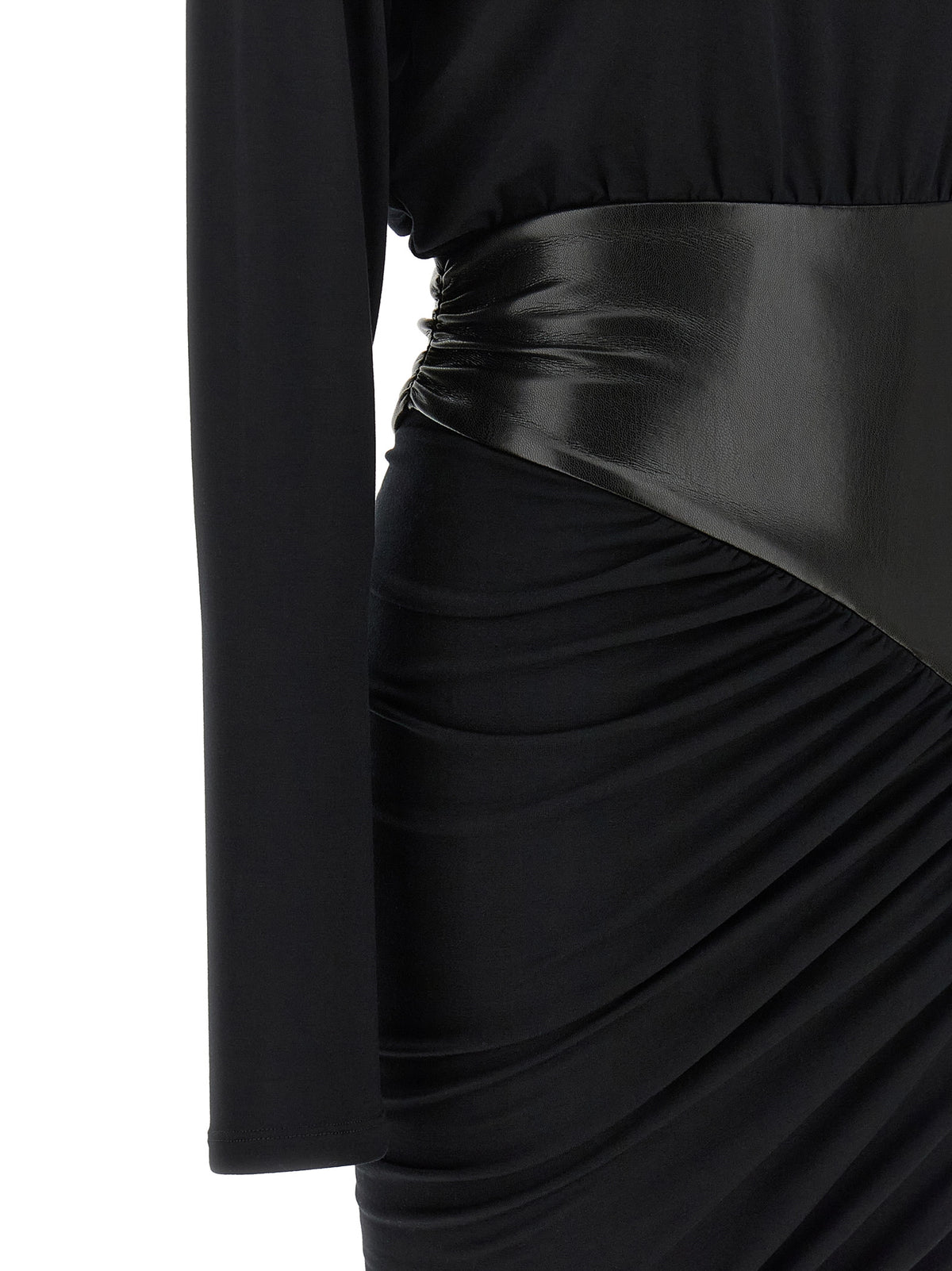 The Andamane Play Women's Corset Bustier Long-Sleeve Round Neck Viscose Faux Leather Short Mini Dress - Black