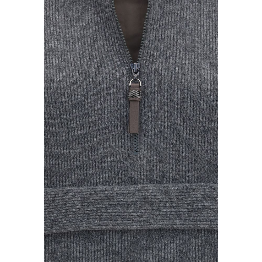 Brunello Cucinelli Women's Regular Fit High Collar Polyester Cashmere Sweatshirt - Gray