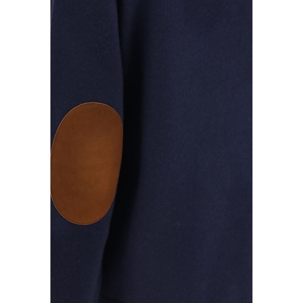 Prada Women's Oversized Crew Neck Wool & Suede Leather Sweatshirt - Blue Signature
