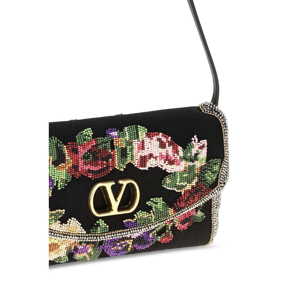 Valentino Garavani De Vain V Logo Calfskin Leather & Linen Small Shoulder Bag - Black Gold Floral Signature