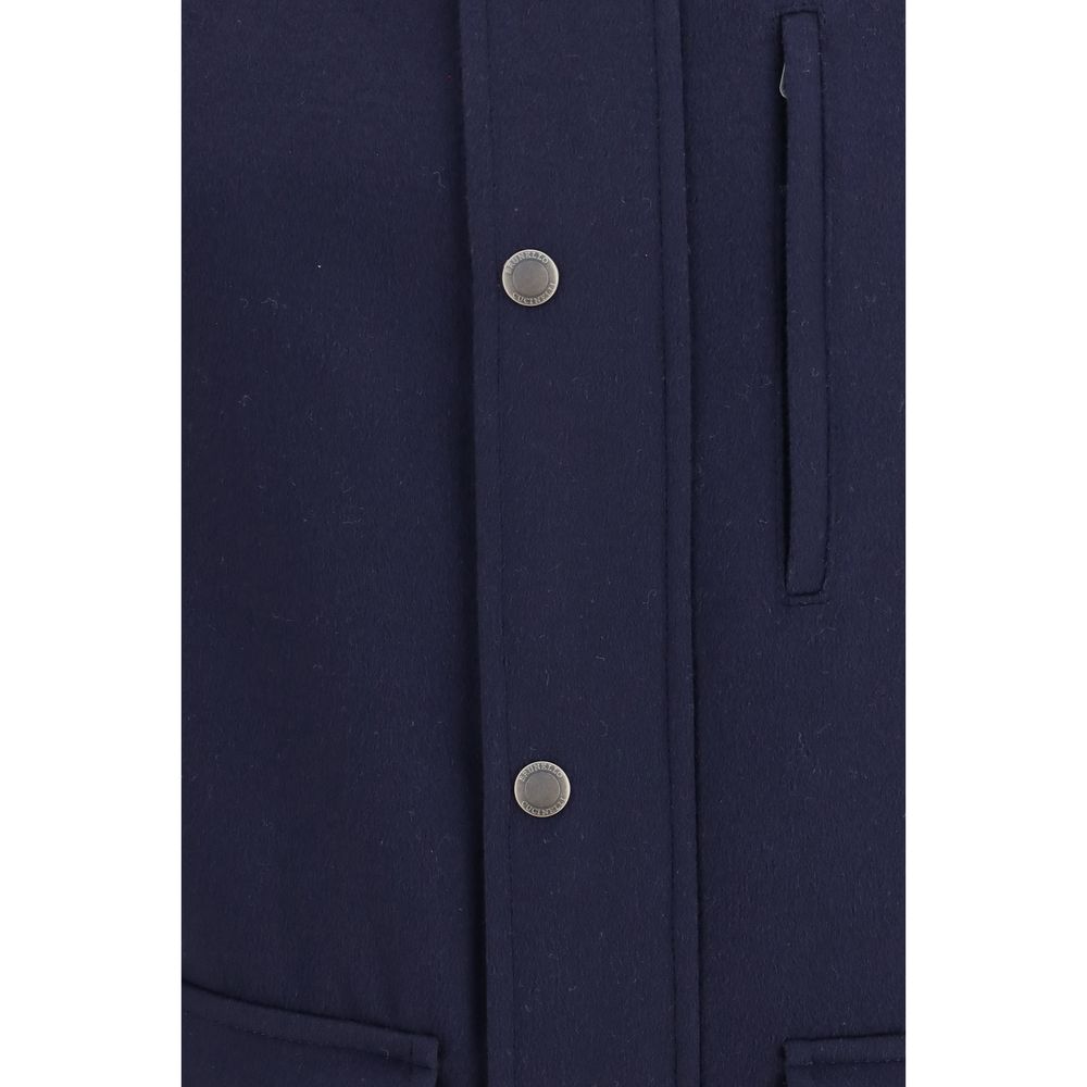 Brunello Cucinelli Men's Fleeced Virgin Wool & Leather Overcoat - Blue