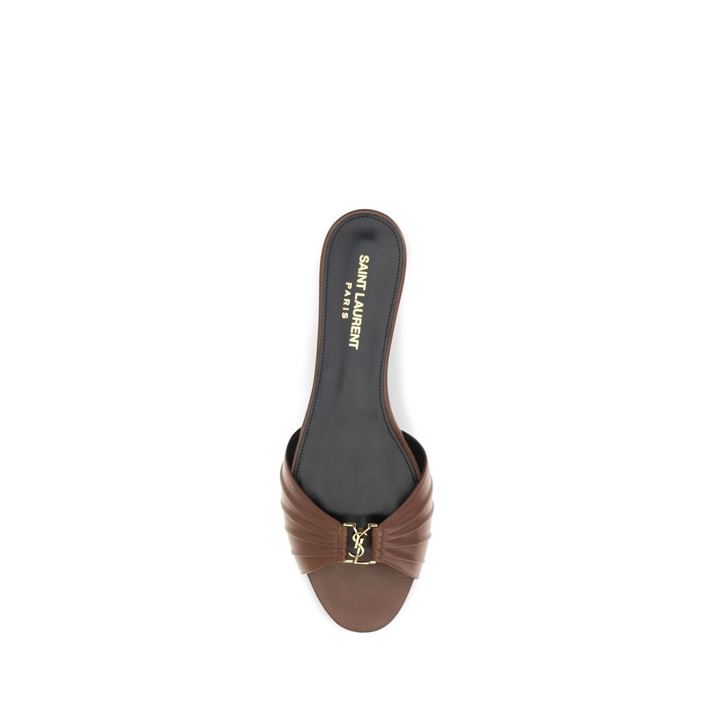 Saint Laurent Cassandre Women's Bos Taurus Calf Leather Mules Sliders Flat Shoes - Bronze Brown