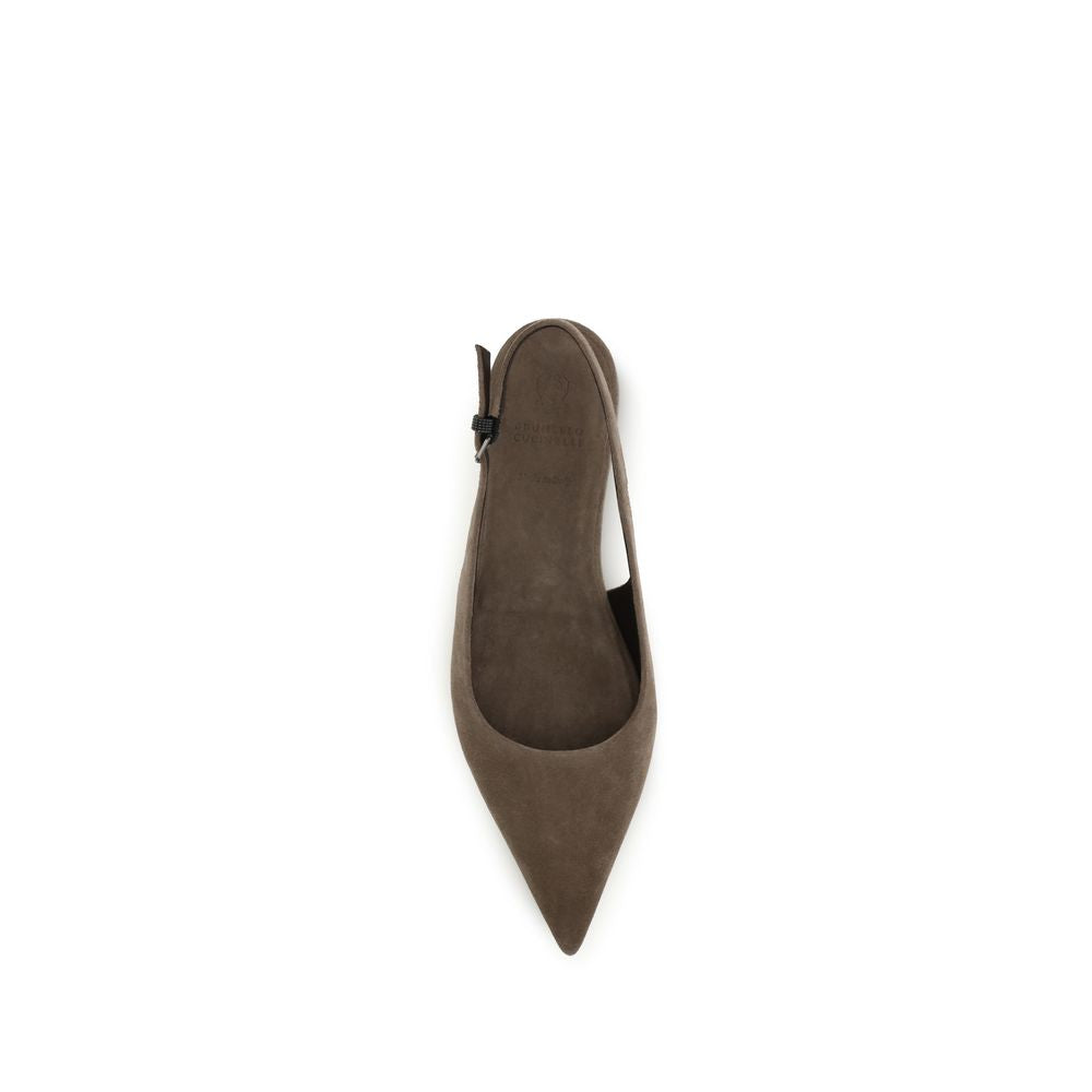 Brunello Cucinelli Women's TU Polyurethane & Bos Taurus Suede Calf Leather Ballet Slingback Flat Shoes - Brown Signature