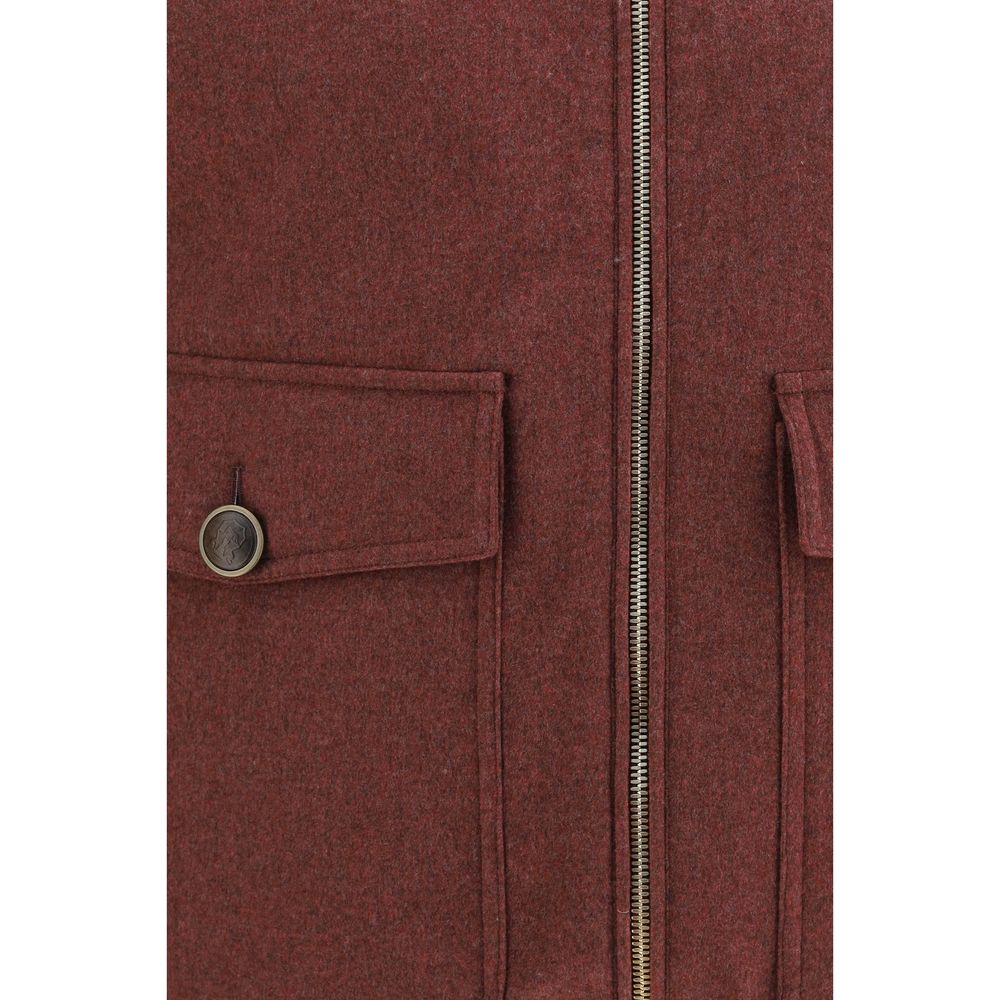 Brunello Cucinelli Men's Goose Down Padded High Collar Wool Goose-Down & Fur Vest - Bordeaux
