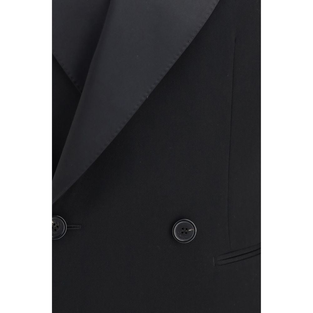 Saint Laurent De Poudre Men's Single Breasted Satin Wool & Leather Jacket - Black Signature