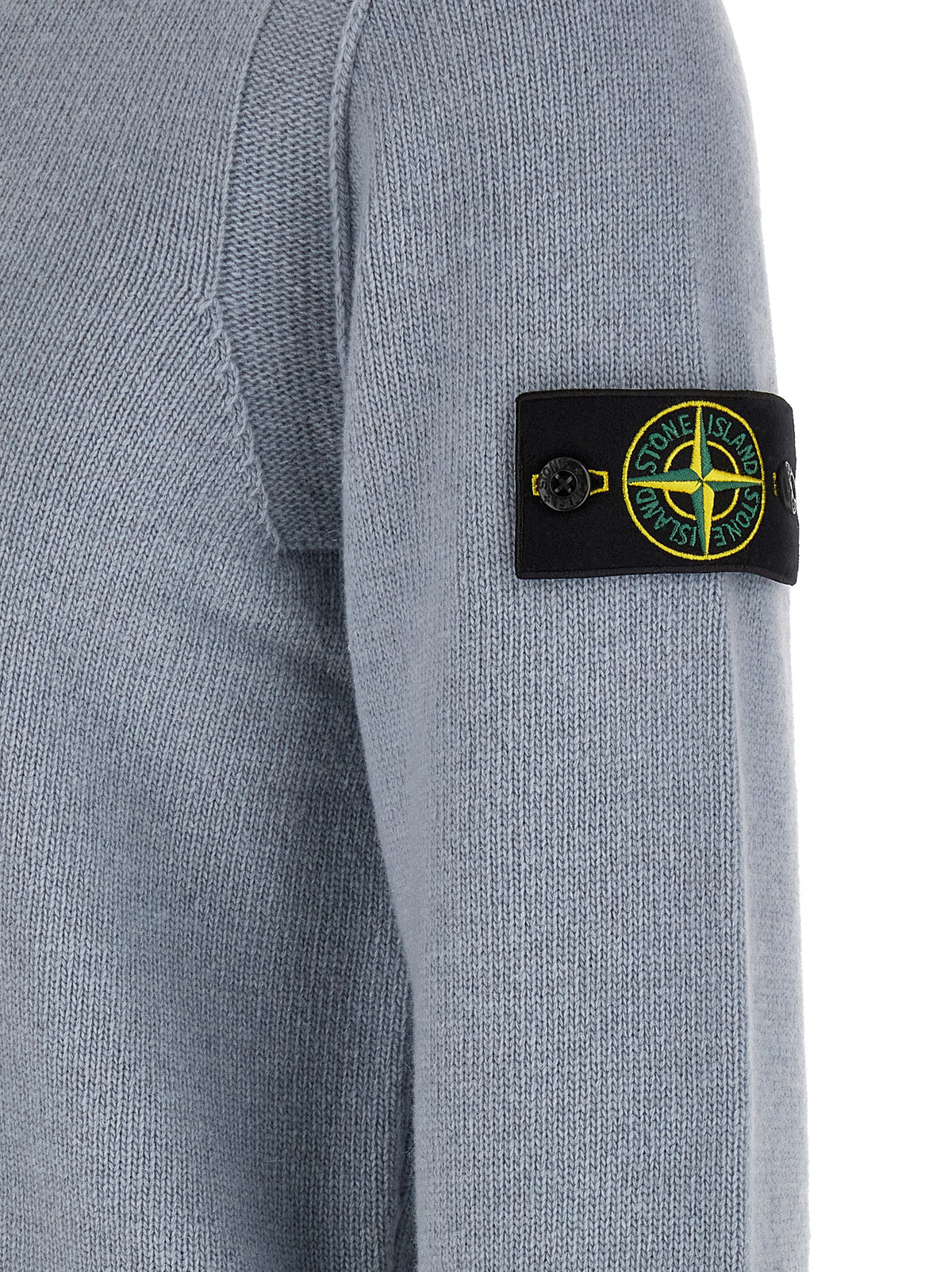 Cardigan by Stone Island for men in polyamide & virgin wool light-blue features a dramatic silhouette, showcasing a sophisticated and dramatic detail for a timeless, premium look.