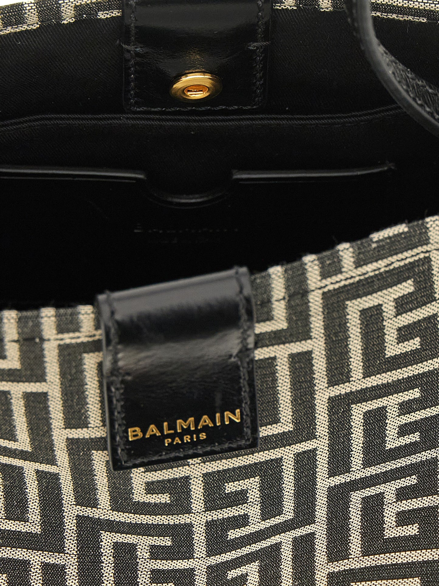 Balmain Poly Cotton & Leather Shoulder Bucket Bag - Bicolour Black Gold White Patterned Jacquard Monogram