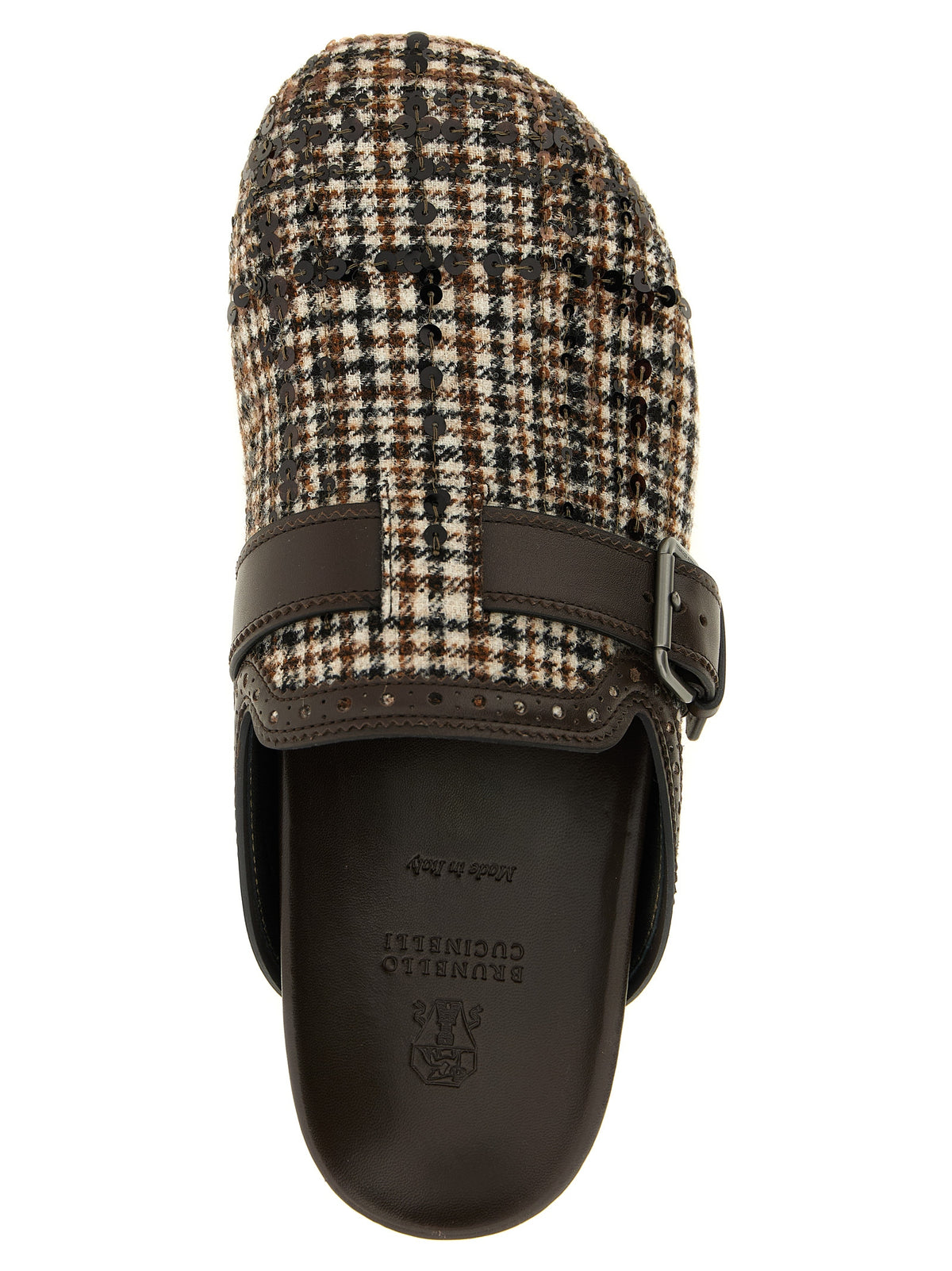 Brunello Cucinelli Women's Leather Alpaca Wool & Sequins Brogue Clogs Flat Shoes - Brown Patterned Houndstooth
