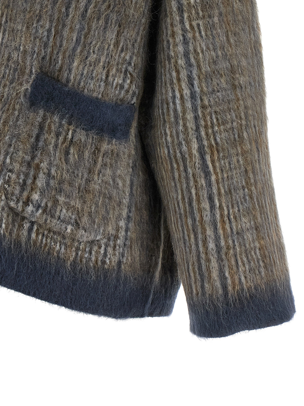 Cardigan by Brunello Cucinelli for women in mohair wool brown, gray & navy presents a textural silhouette, artfully finished with a textural and for a sophisticated, textural look.
