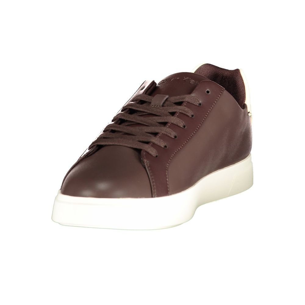 Calvin Klein Men's Athletic Polyester Polyurethane Leather Sneakers - Beige Brown Signature Print