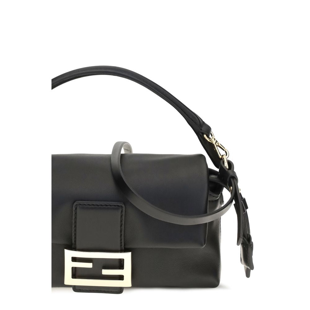 Fendi Nappa Leather Shoulder Drawstring Baguette Bag - Black Gold