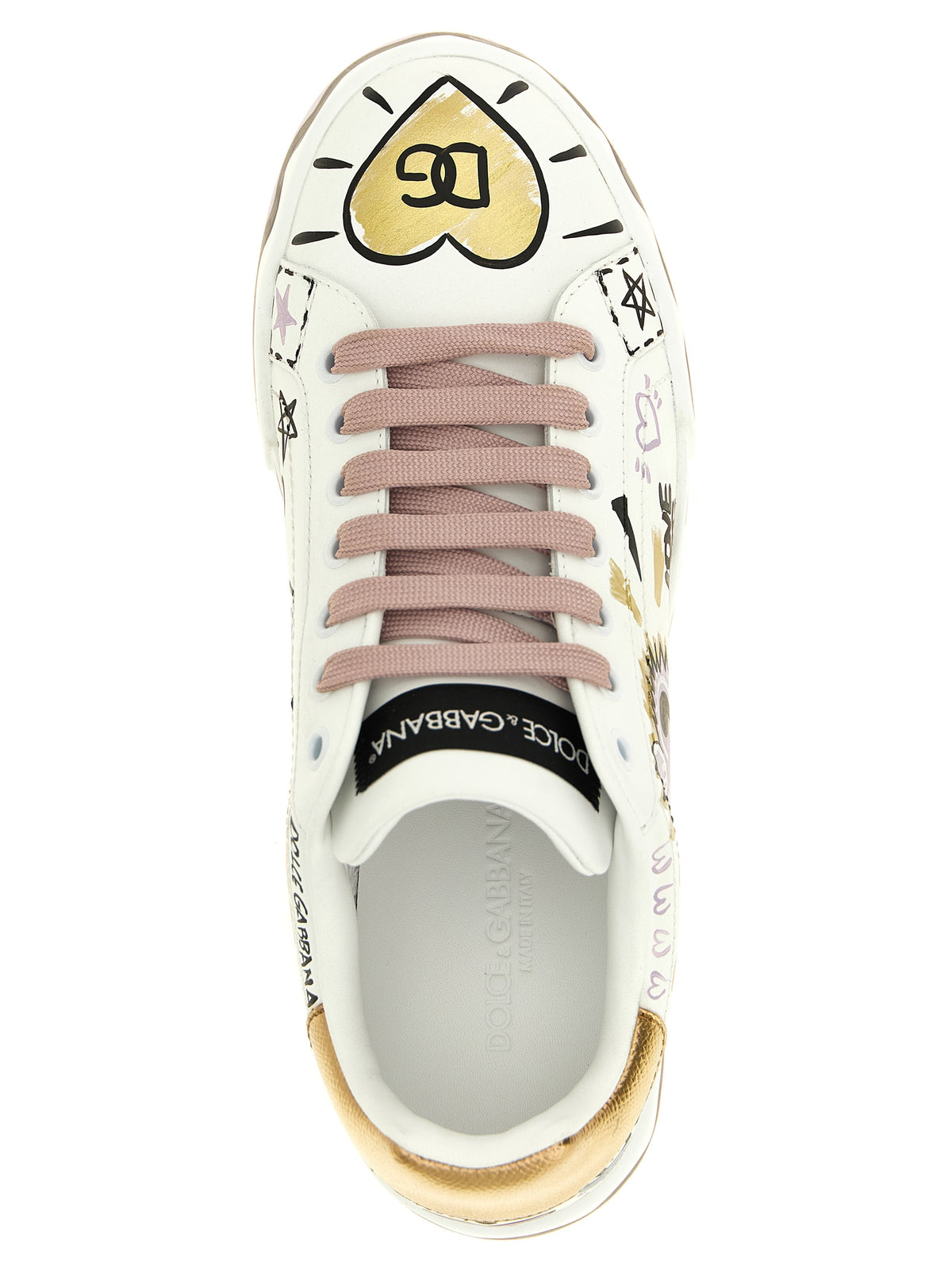 Sneakers by Dolce & Gabbana for women in calfskin leather black, gold, lilac, multicolor & white presents a impeccable silhouette as Heart Women's Low Top Calfskin Leather Sneakers, expertly defined by a impeccable low-top style for a impeccable, high-fashion look.