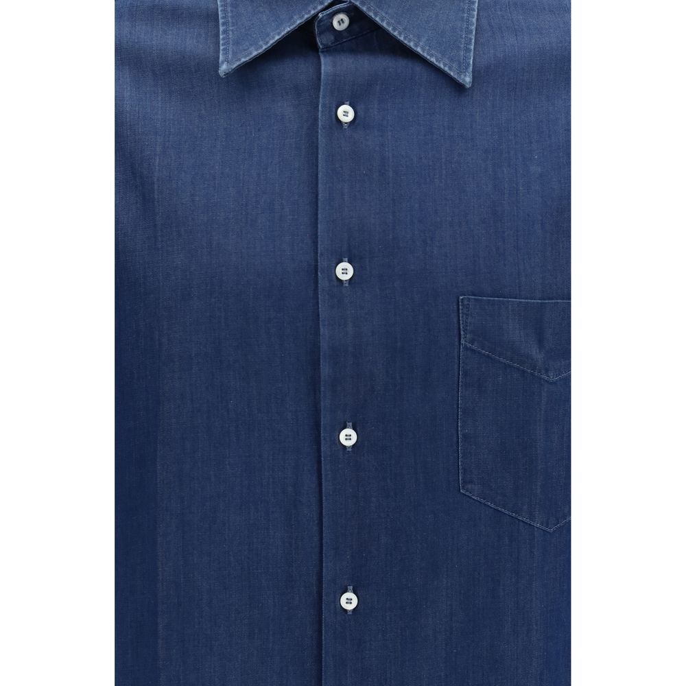 Brunello Cucinelli Men's Straight Regular Fit Denim Cotton Shirt - Blue Pearl