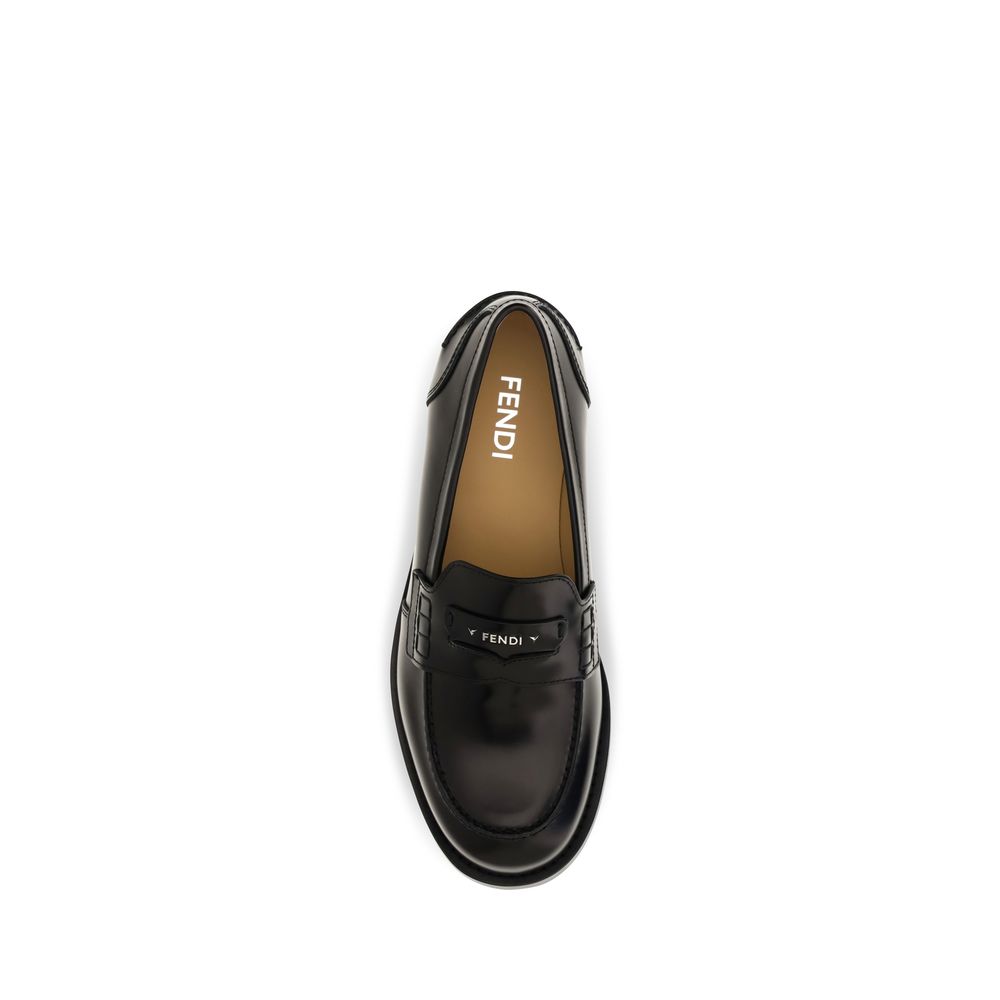 Fendi College Men's Bos Taurus Calfskin Leather & Palladium Loafer Slip-On Strap Shoes - Black Palladium