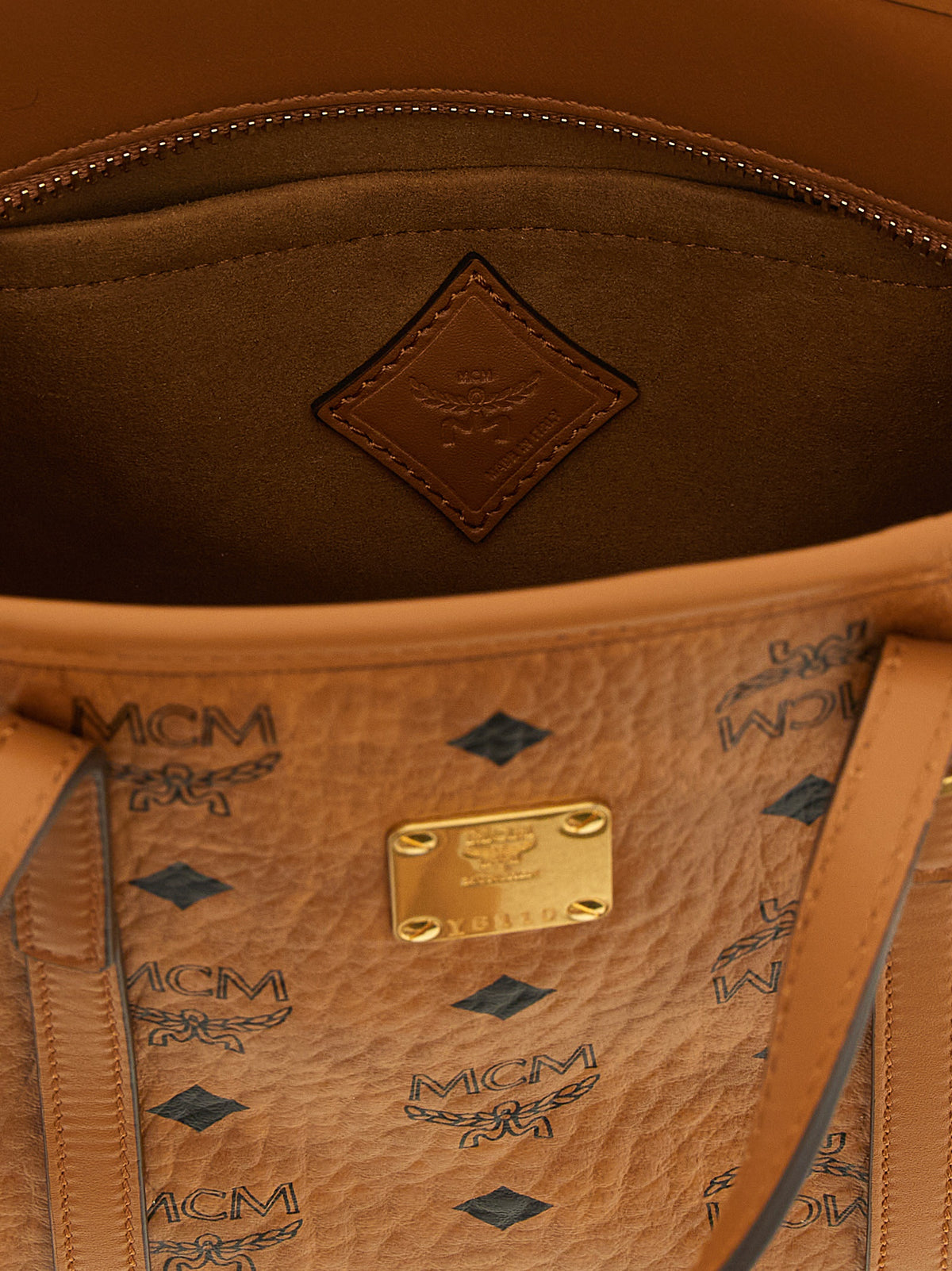 MCM Visetos Polyester Polyethylene Polyurethane Leather Small Shopper Tote Bag - Brown Gold Signature Monogram