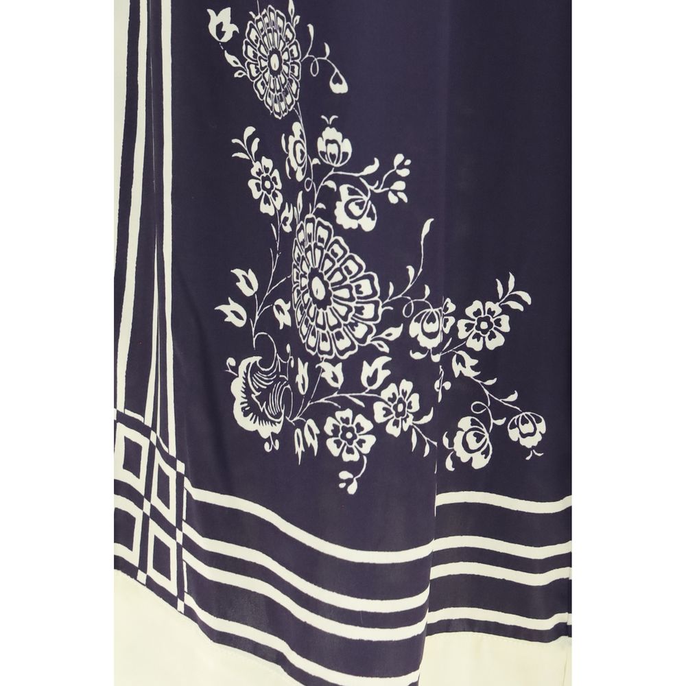 Alemais Women's Relaxed Fit Regular Wide Silk Casual Pants - Blue Floral Print Striped
