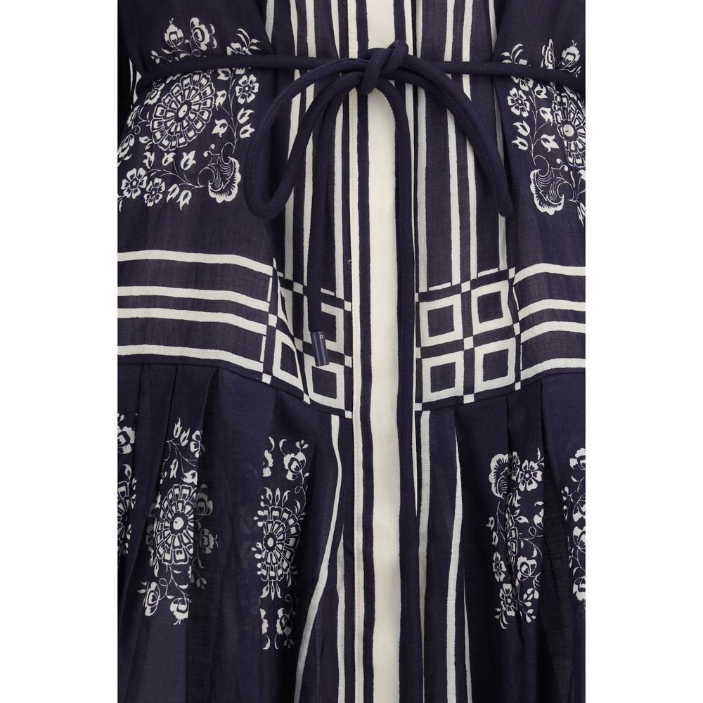 Alemais Women's Shirt Slip Long-Sleeve Ramie Midi Dress - Blue Patterned Floral Print Striped