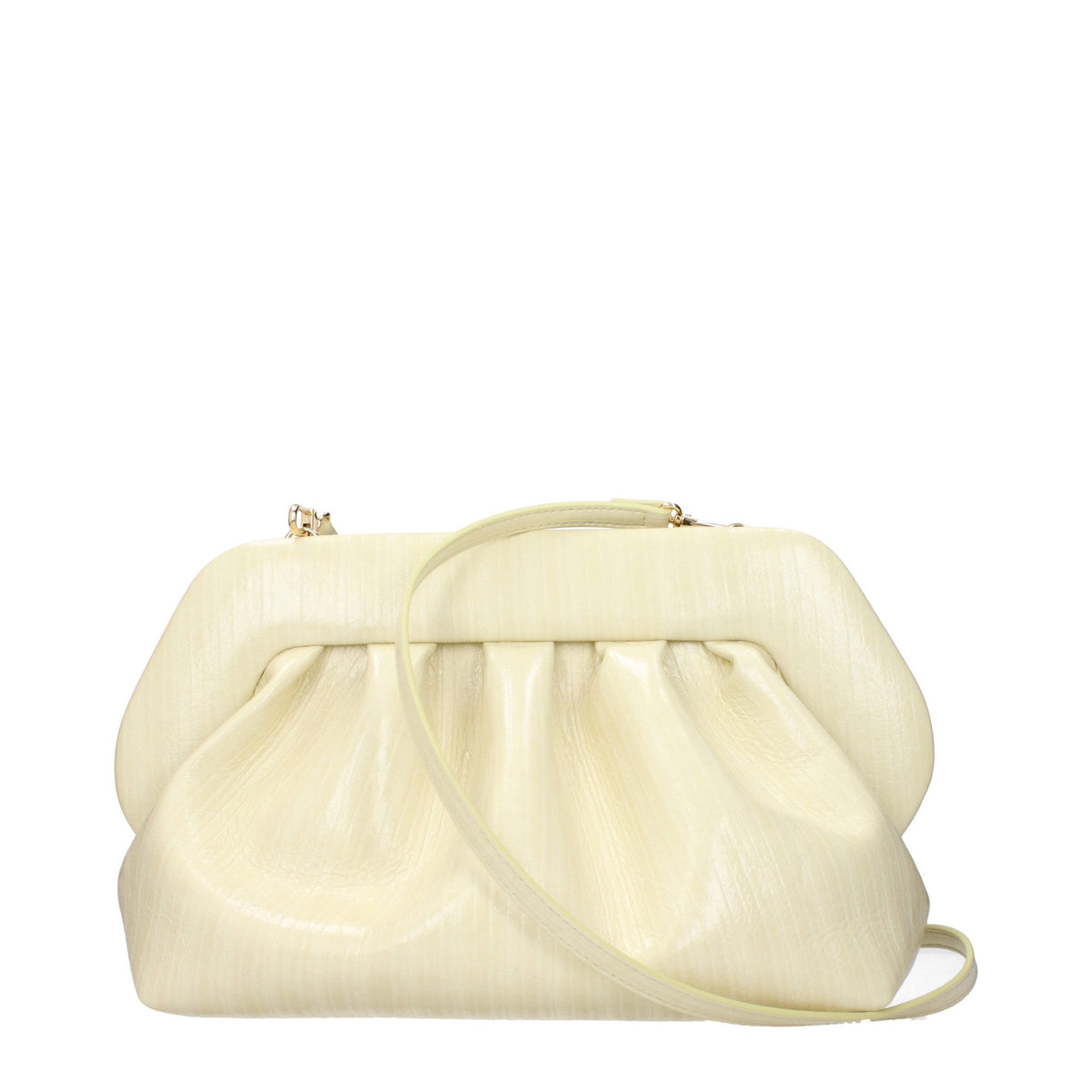 Clutch Handbag by THEMOIRè for women in leather beige features a sculptural silhouette with a secure , ample , and versatile adjustable-strap for a sculptural finish.