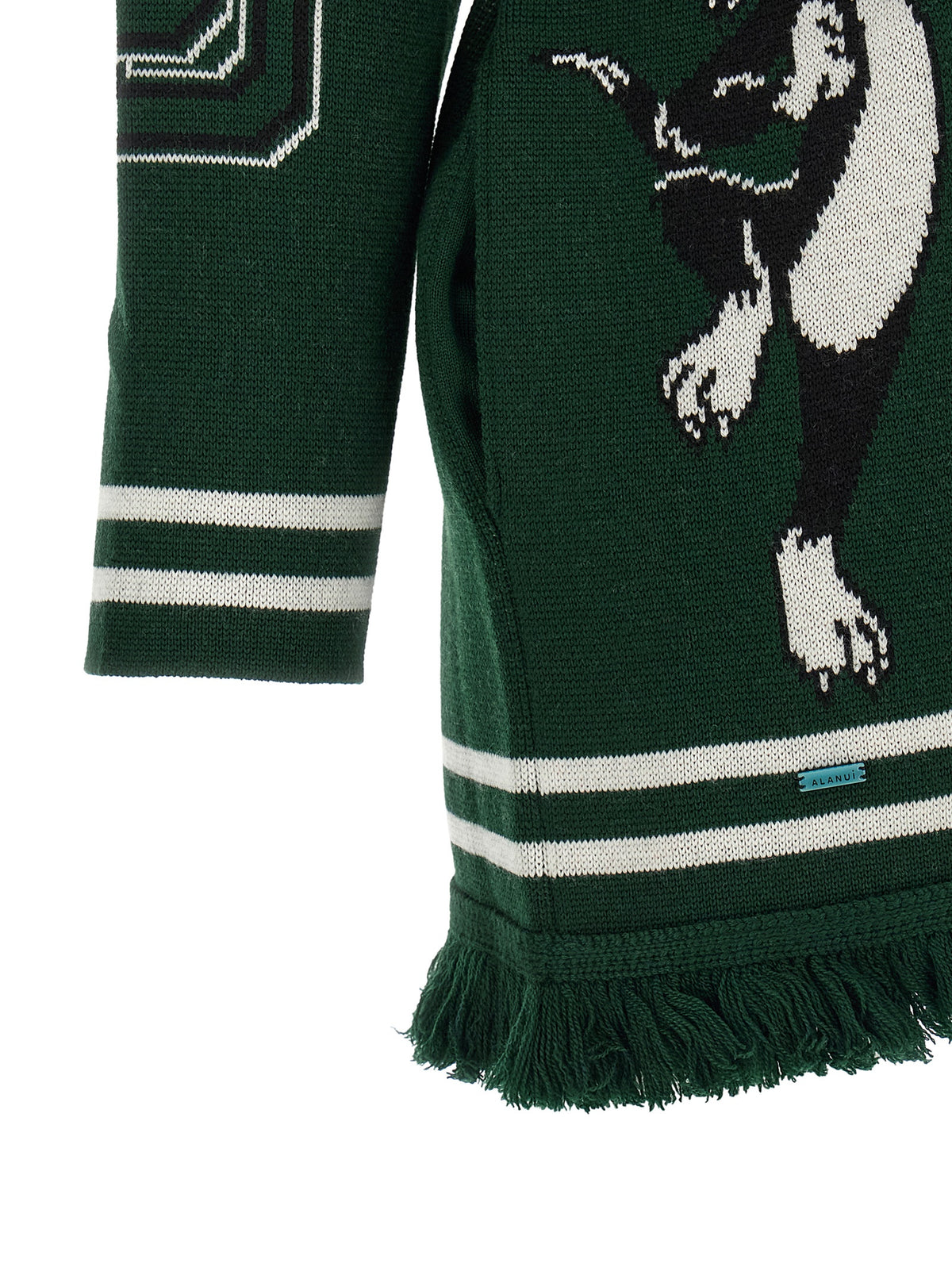Cardigan by Alanui for women in virgin wool bicolour, green & jacquard features an impeccable silhouette, showcasing a sophisticated and detail for a truly impeccable finish.