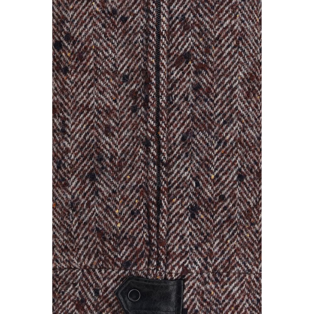 Kristina Ti Women's Fleeced Round Neck Polyamide Polyester Leather & Virgin Alpaca Wool Overcoat - Multicolor Patterned Herringbone
