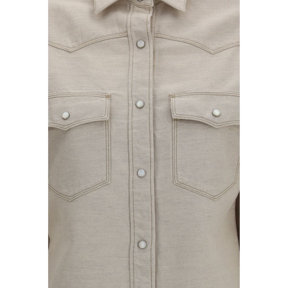 Fendi Selleria Women's Regular Fit Long-Sleeve Organic Denim Cotton & Linen Shirt - Beige Pearl Silver Print