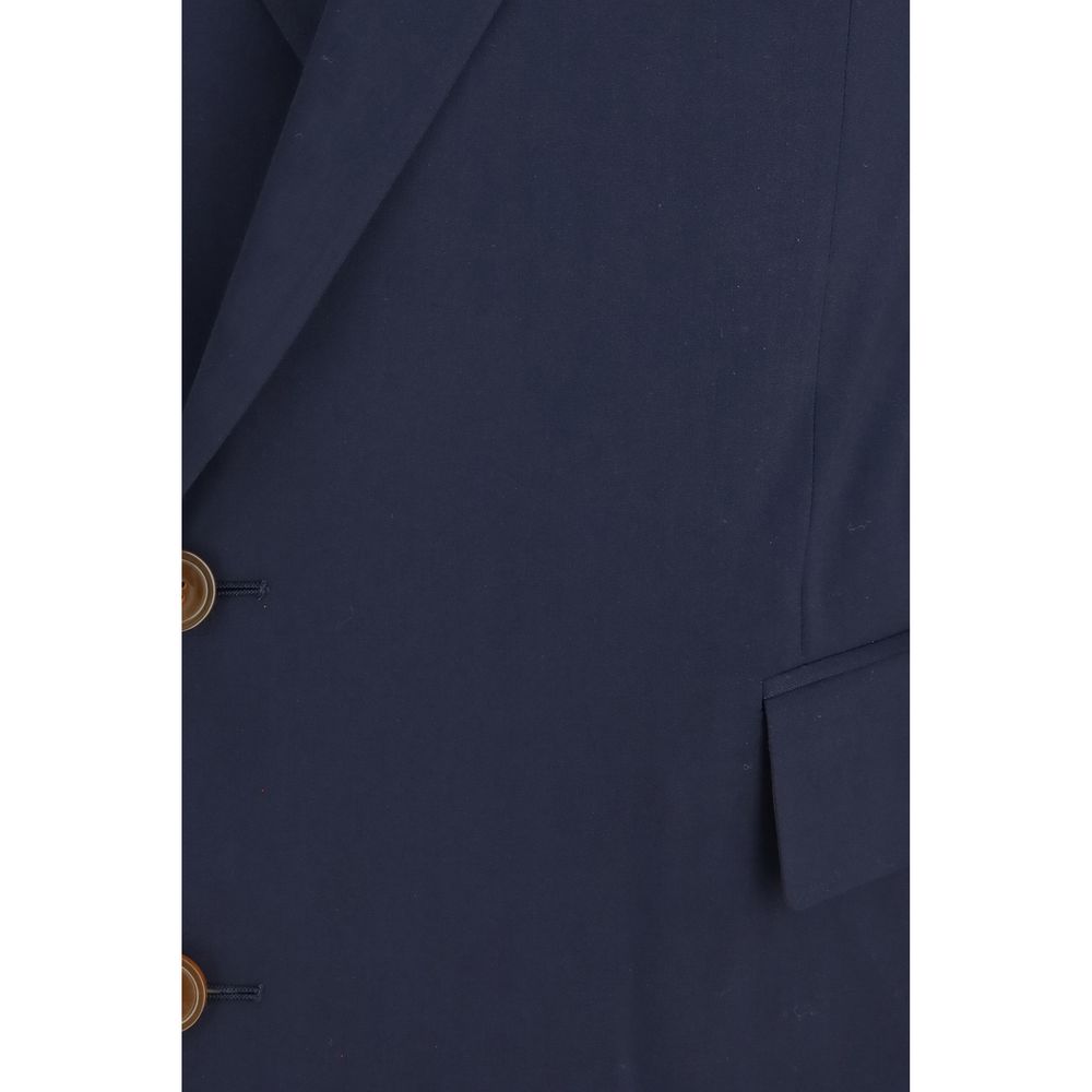 Vivienne Westwood Men's Single Breasted Fleeced Wool Overcoat - Blue Jacquard Signature