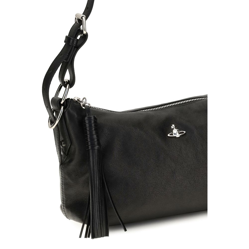 Vivienne Westwood Emma Lambskin Leather Shoulder Handbag - Black Silver