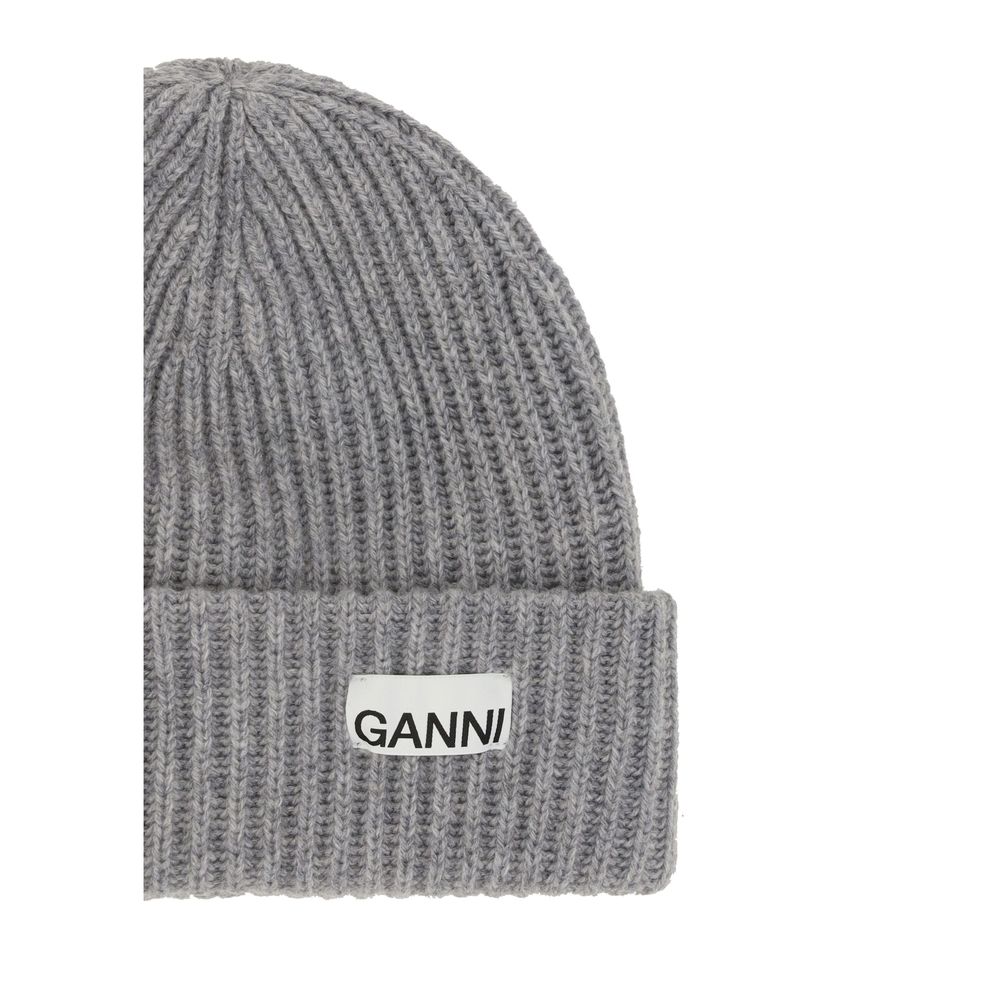 Ganni Wool & Nylon Beanie Hat - Gray Monogram