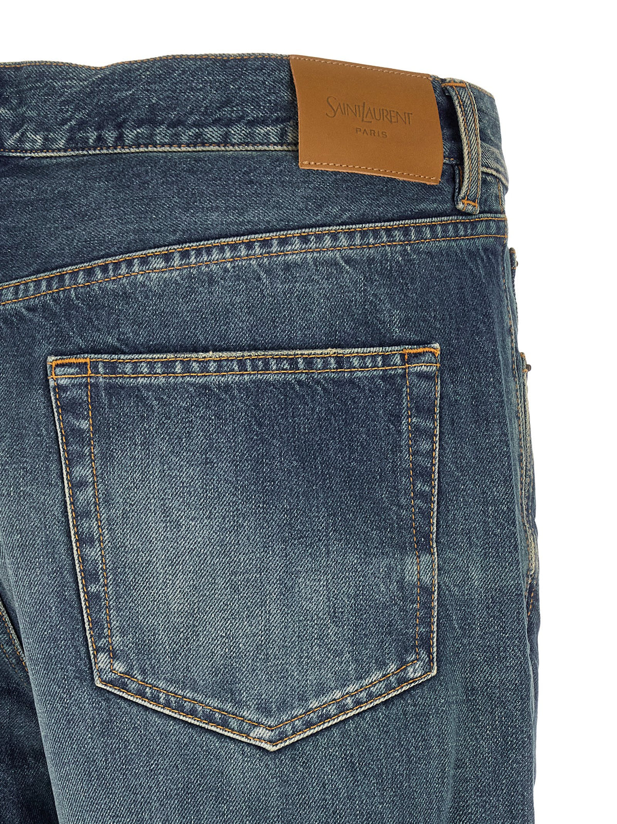 Saint Laurent Men's Straight Leg Wide Mid Rise Cotton Denim Jeans - Blue