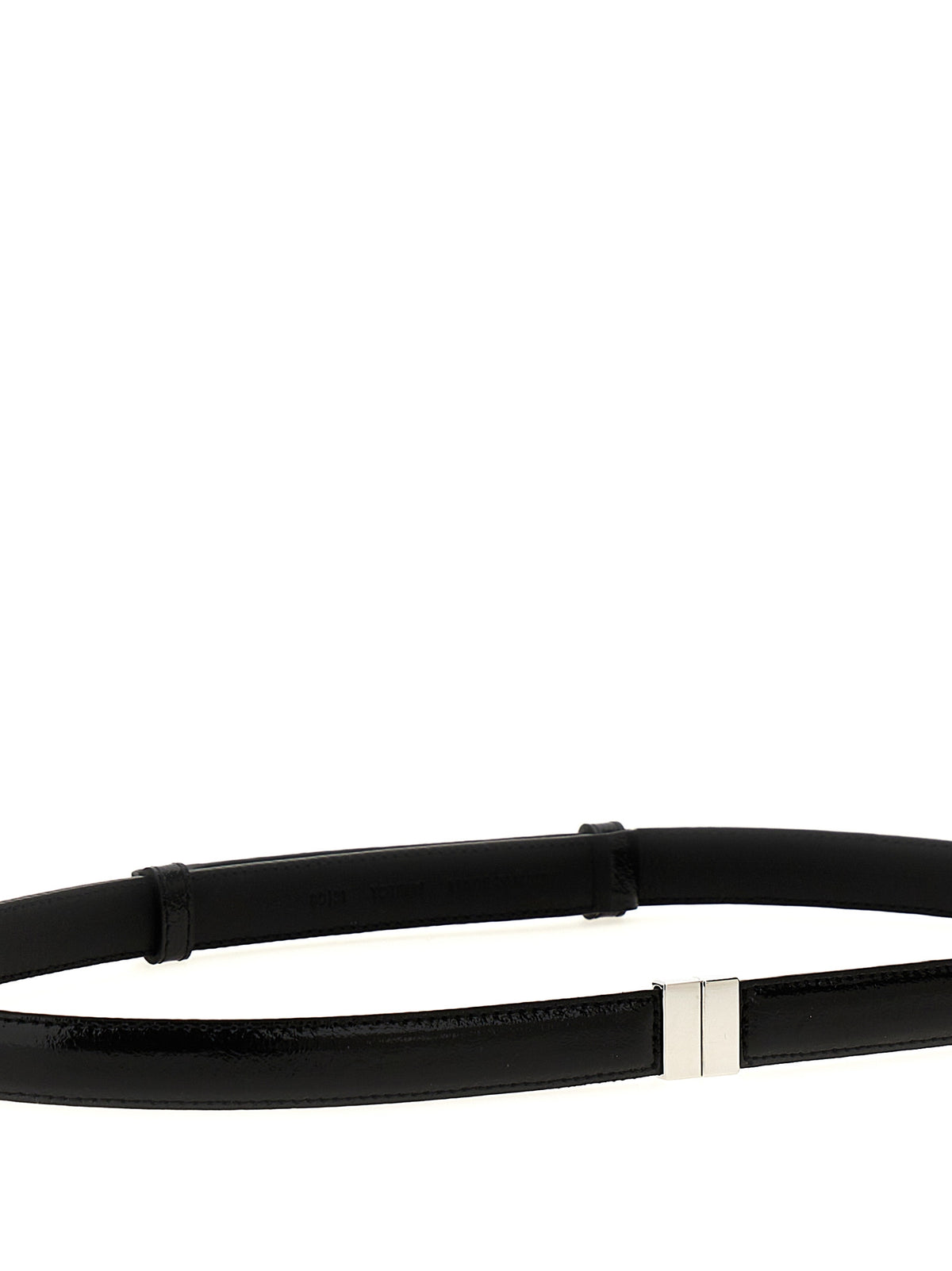 Belt by TOTEME for women in patent calfskin leather black & silver features a versatile silhouette, artfully showcasing the versatile design of the Patent Calfskin Leather Belt for a sophisticated, premium finish.