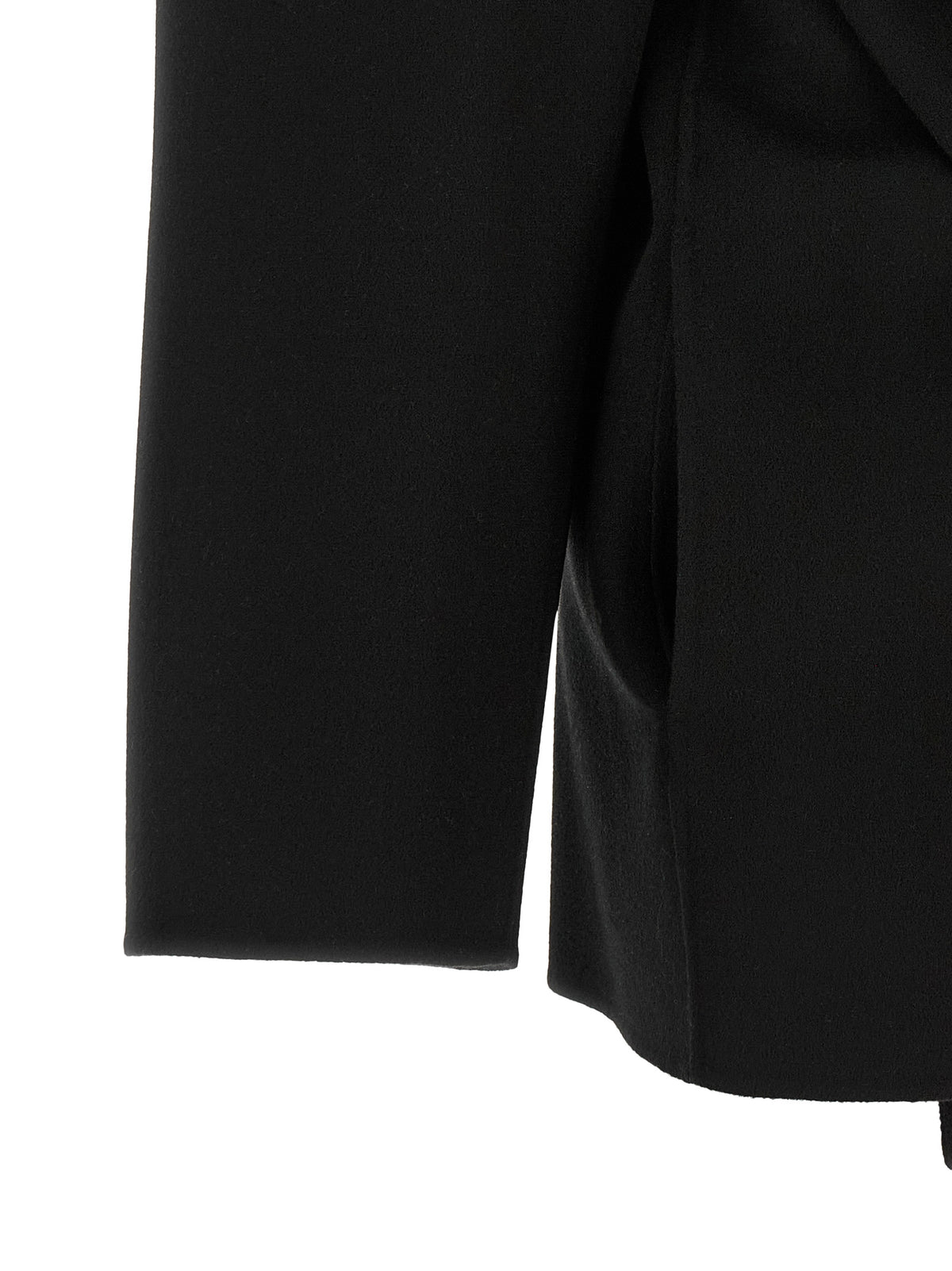 Overcoat by Sportmax for women in virgin wool & leather black showcases a architectural silhouette, artfully detailed with a distinctive and functional pockets for a architectural finish.