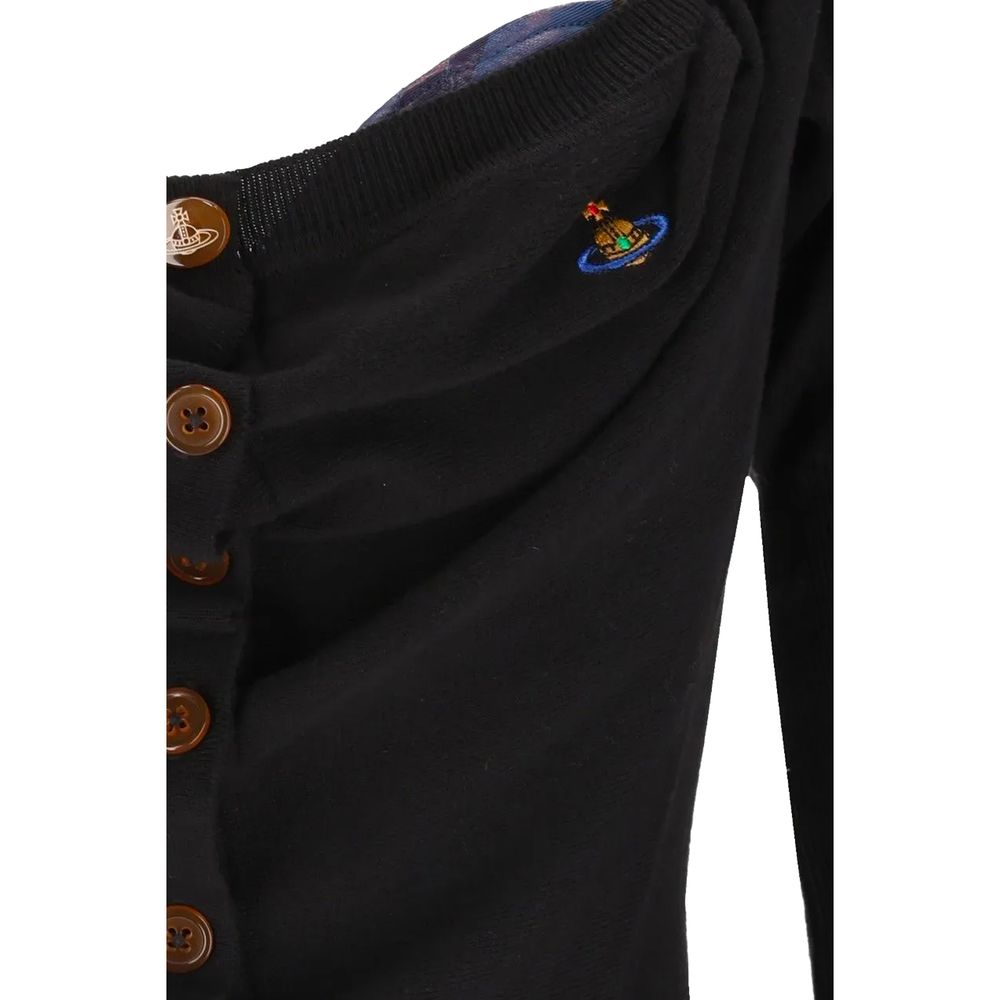 Vivienne Westwood Heather Orb Women's Crop Top Slim Oversized Cropped Long-Sleeve Silk & Merino Wool - Amber Black Tartan